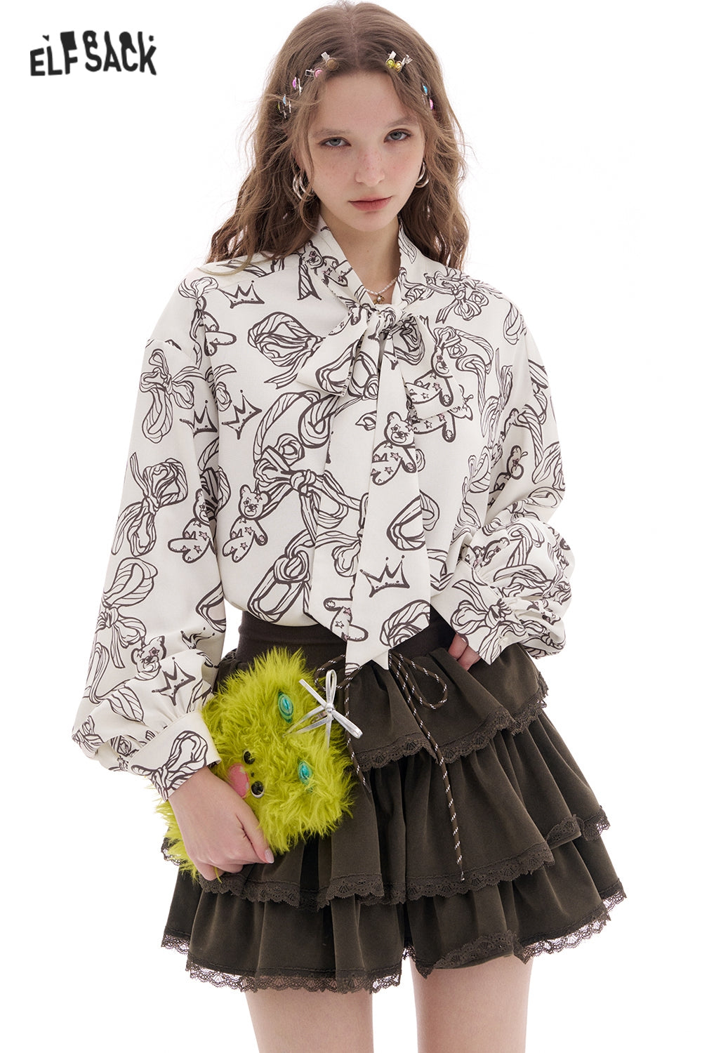 ELFSACK Bear Printed Lace-Up Puff Sleeve Shirt Women Casual Trendy Loose Tops