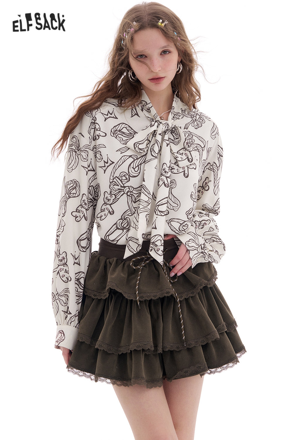 ELFSACK Bear Printed Lace-Up Puff Sleeve Shirt Women Casual Trendy Loose Tops