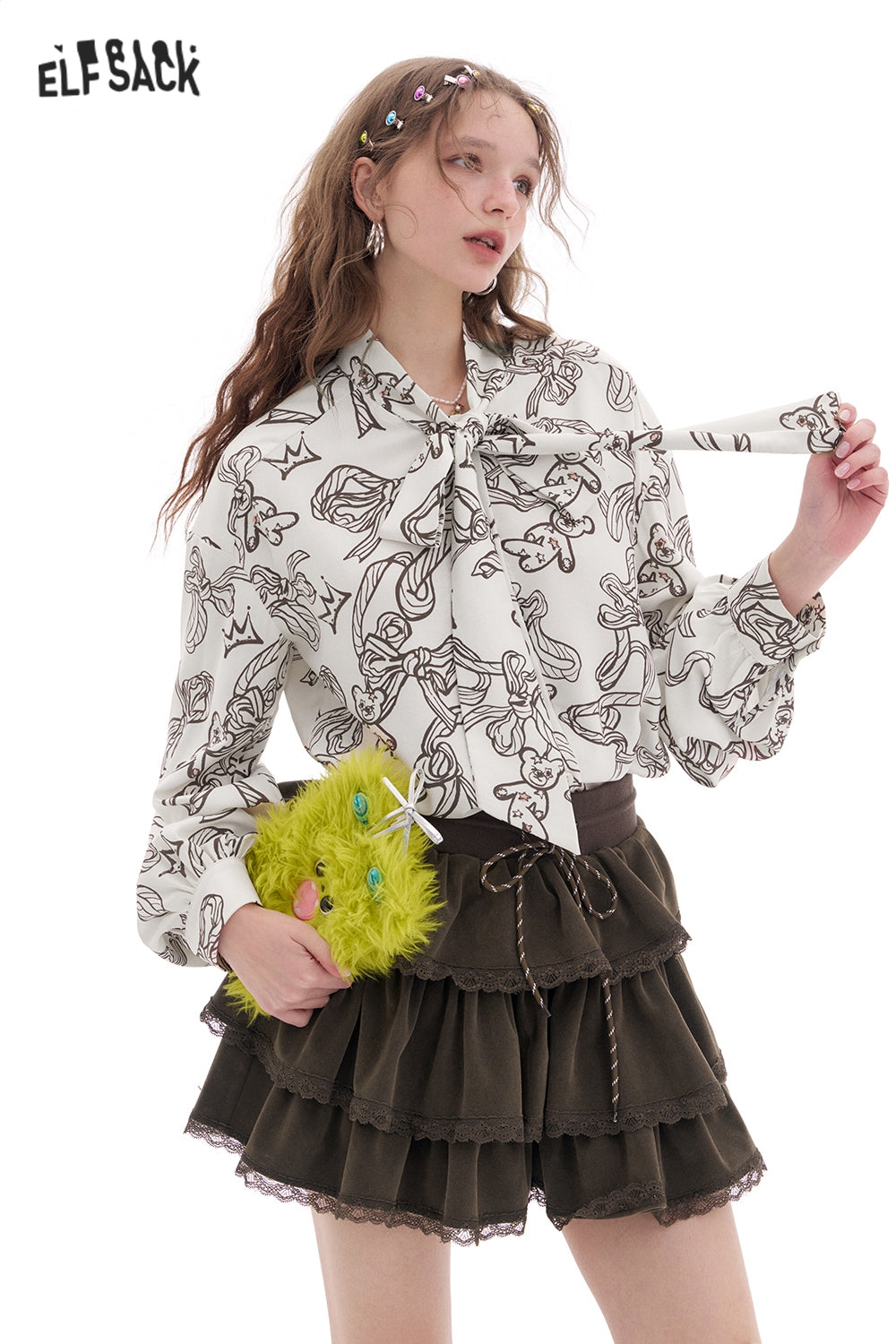 ELFSACK Bear Printed Lace-Up Puff Sleeve Shirt Women Casual Trendy Loose Tops