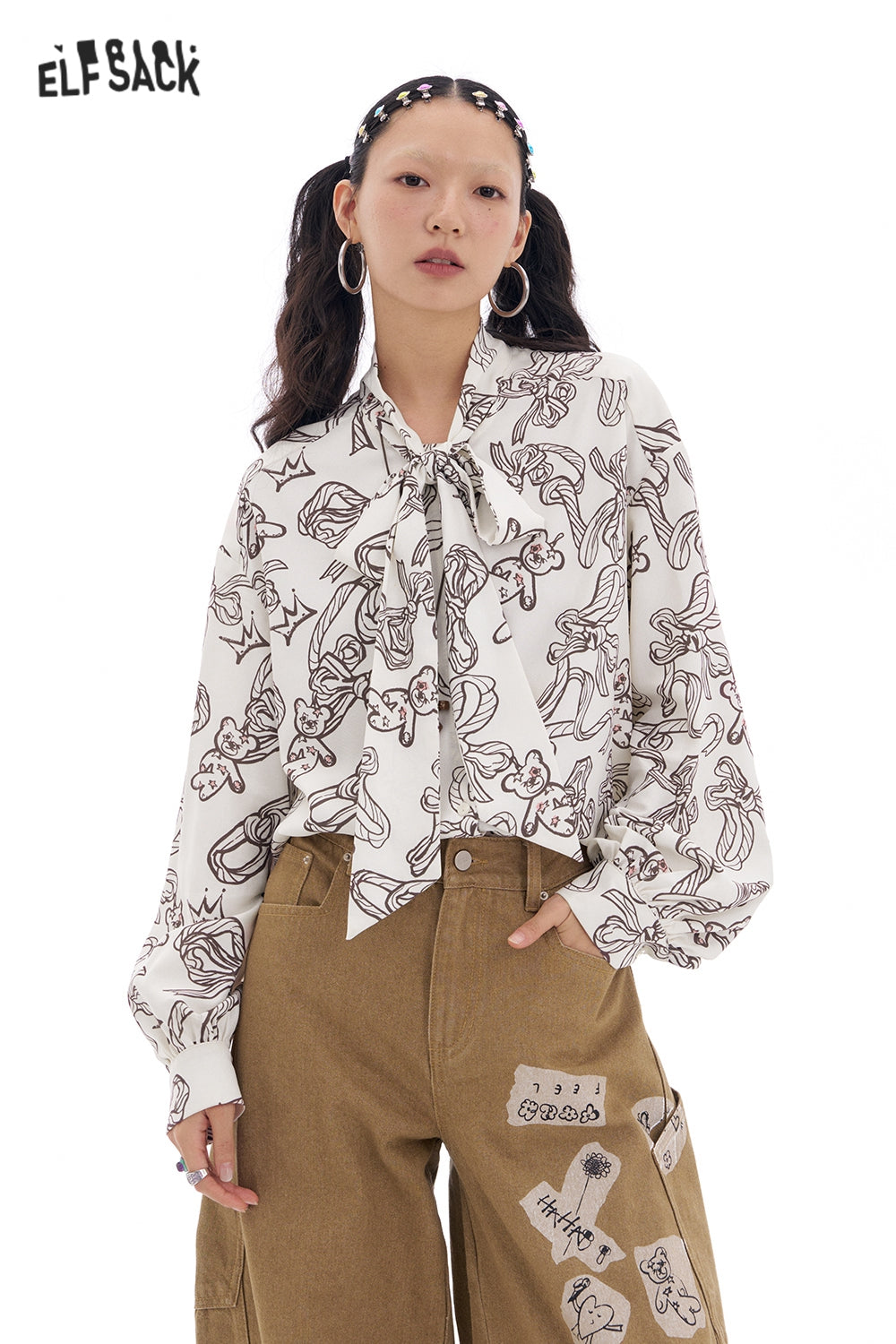 ELFSACK Bear Printed Lace-Up Puff Sleeve Shirt Women Casual Trendy Loose Tops