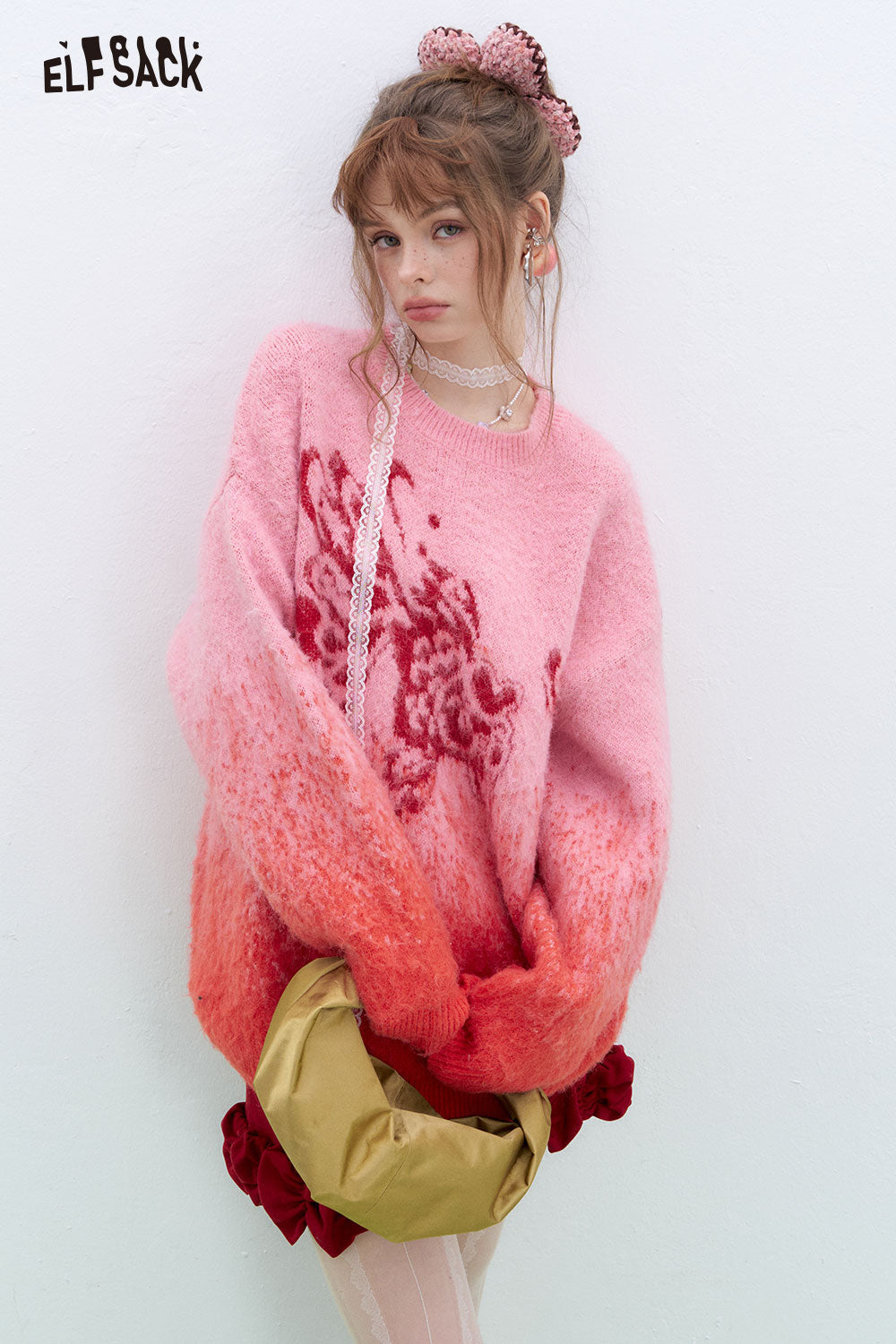 ELFSACK Good Luck Goldfish Jacquard Sweater Women's Loose Year Gradient Red Knit Pullover