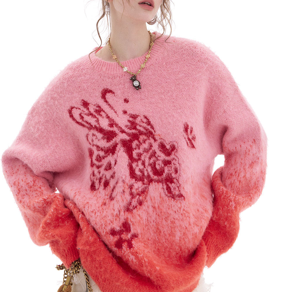 ELFSACK 2025 Spring New Arrivals Good Luck Goldfish Jacquard Sweater Women's Loose New Year Gradient Red Knit Pullover