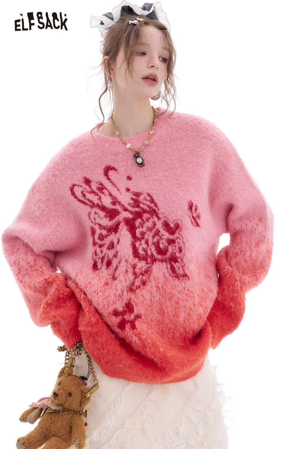 ELFSACK 2025 Spring New Arrivals Good Luck Goldfish Jacquard Sweater Women's Loose New Year Gradient Red Knit Pullover