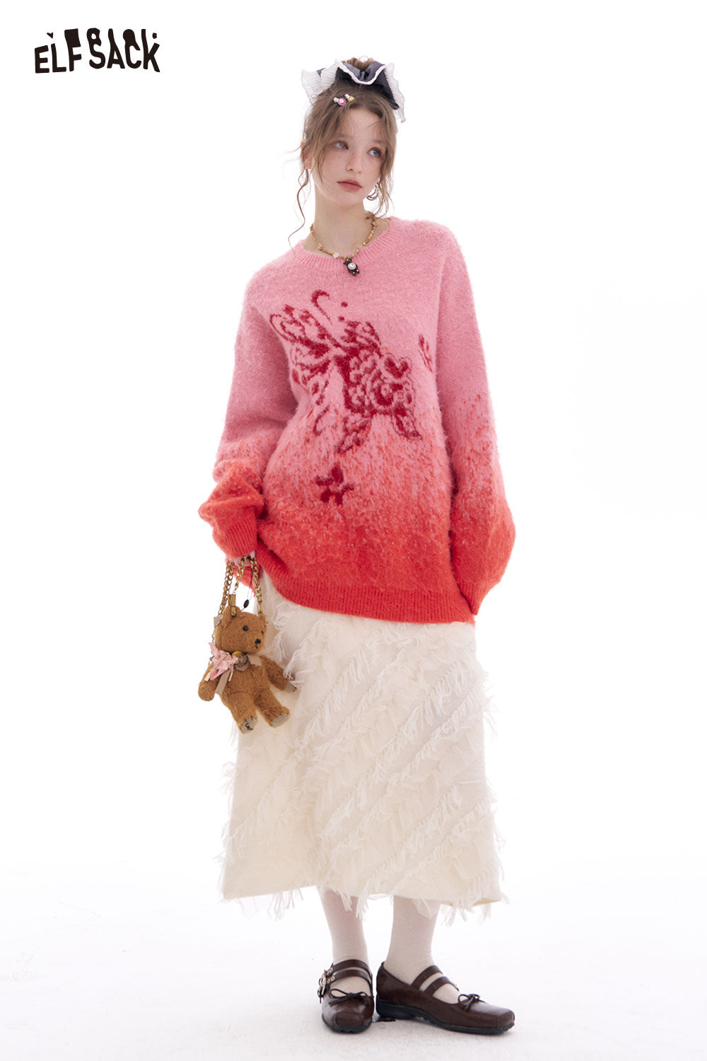 ELFSACK Good Luck Goldfish Jacquard Sweater Women's Loose Year Gradient Red Knit Pullover