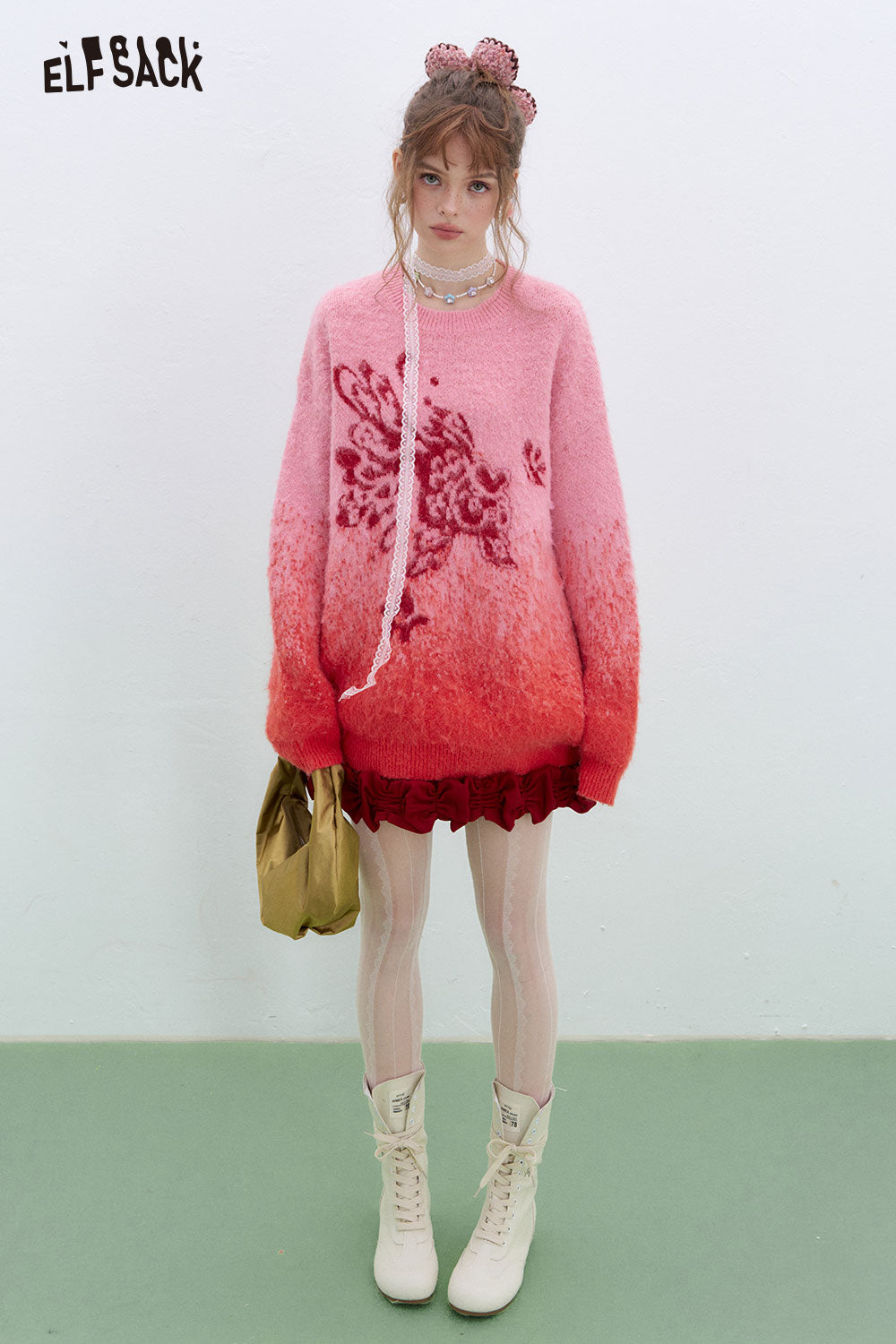 ELFSACK Good Luck Goldfish Jacquard Sweater Women's Loose Year Gradient Red Knit Pullover