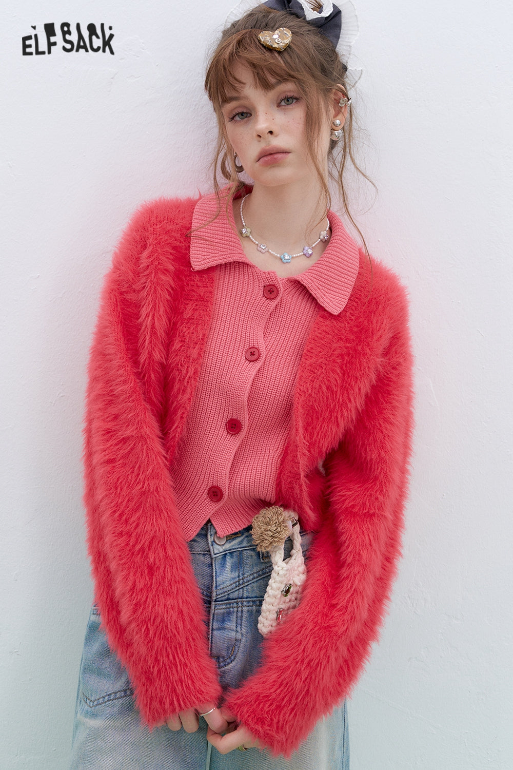 ELFSACK Y2K Plush stitching fake two-piece sweater red lapel short top