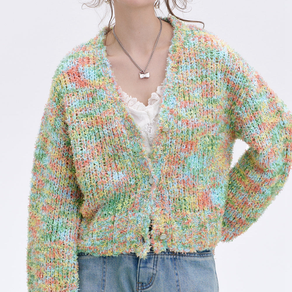 
                  
                    ELFSACK 2025 Spring New Arrivals Y2K Furry Colorful Dot Loose Sweater Women V-Neck Pearl Button Knitted Cardigan
                  
                