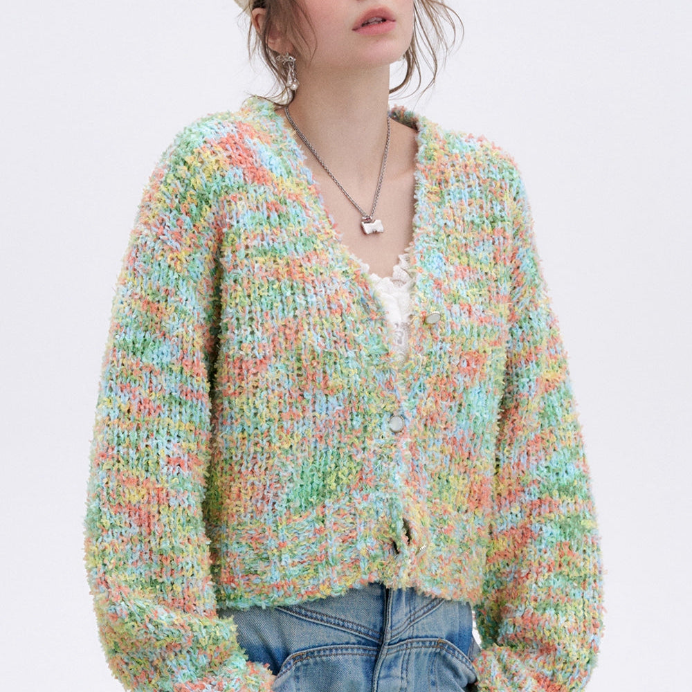 
                  
                    ELFSACK 2025 Spring New Arrivals Y2K Furry Colorful Dot Loose Sweater Women V-Neck Pearl Button Knitted Cardigan
                  
                