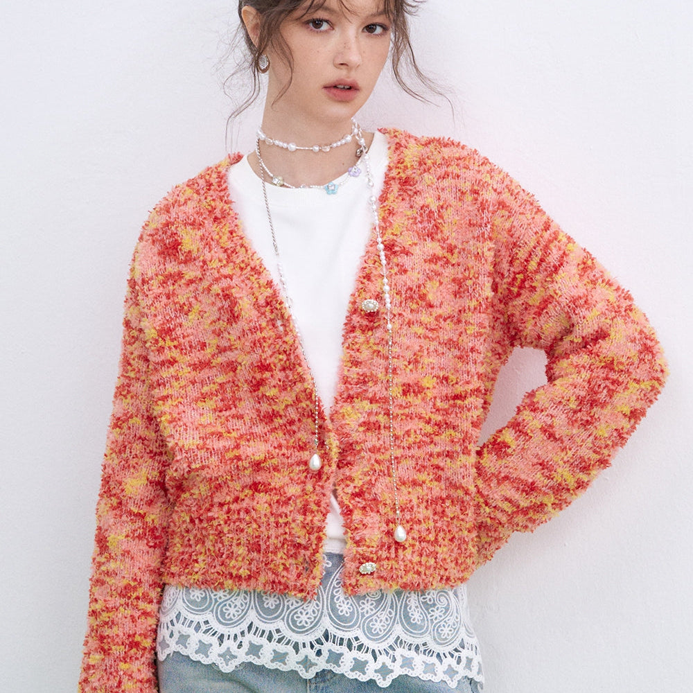 ELFSACK 2025 Spring New Arrivals Y2K Furry Colorful Dot Loose Sweater Women V-Neck Pearl Button Knitted Cardigan