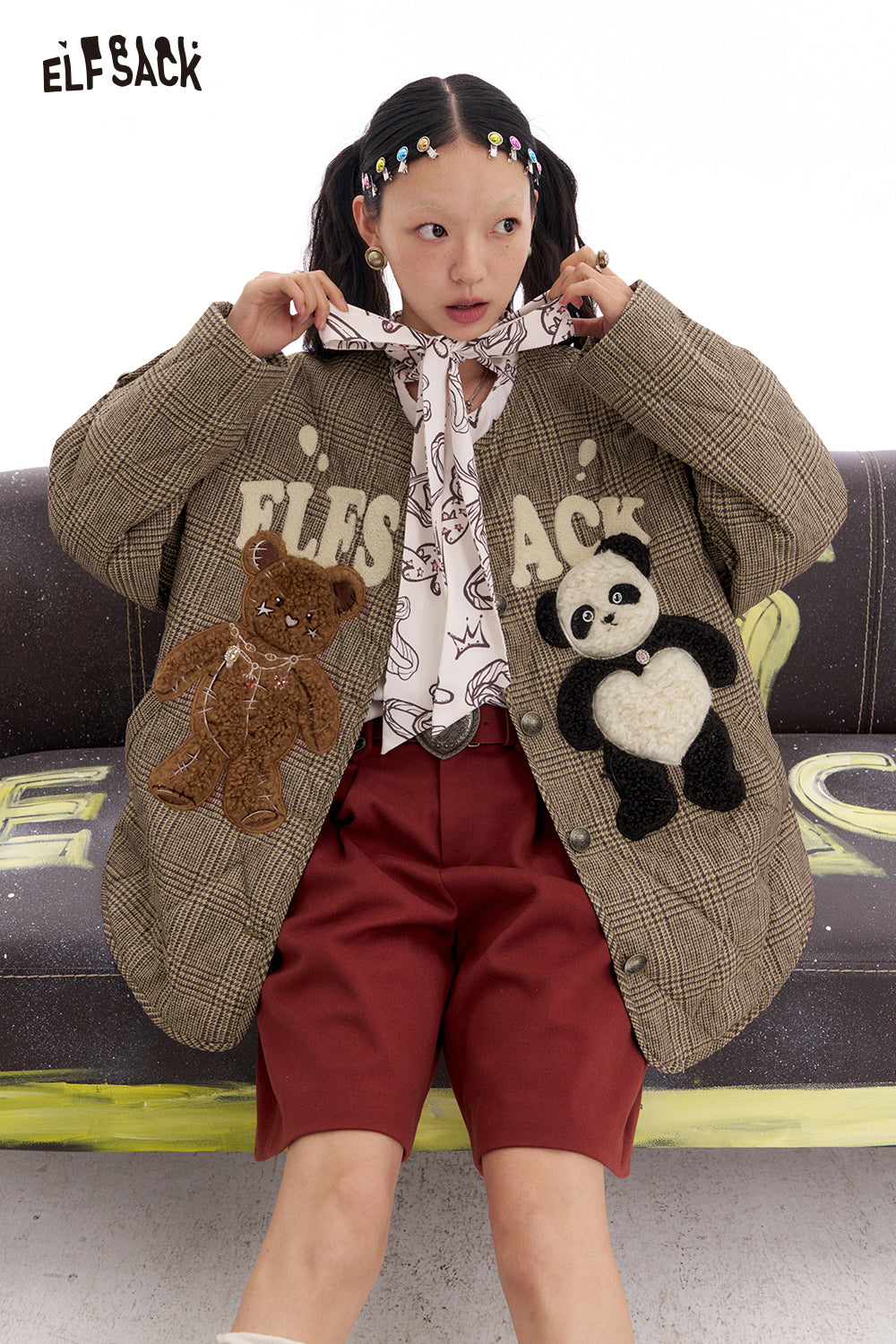 ELFSACK Retro Plaid Bear Patch Jacket Women's O Neck Single Breasted Top