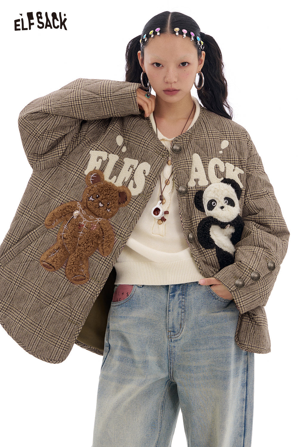 ELFSACK Retro Plaid Bear Patch Jacket Women's O Neck Single Breasted Top