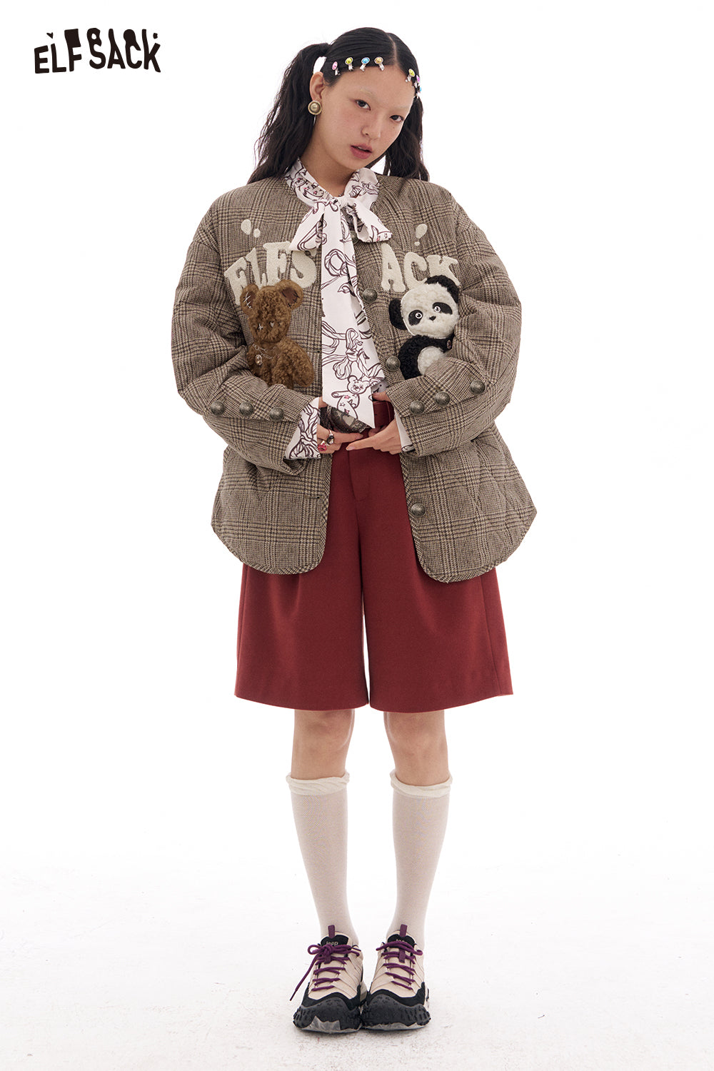 ELFSACK Retro Plaid Bear Patch Jacket Women's O Neck Single Breasted Top