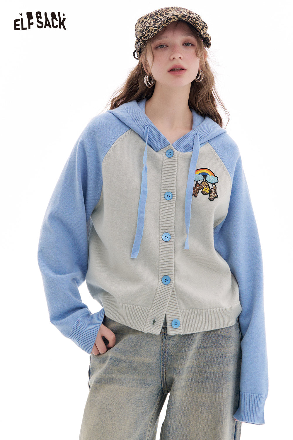 ELFSACK Bear patch contrast color hooded cardigan sweater women preppy style short coat