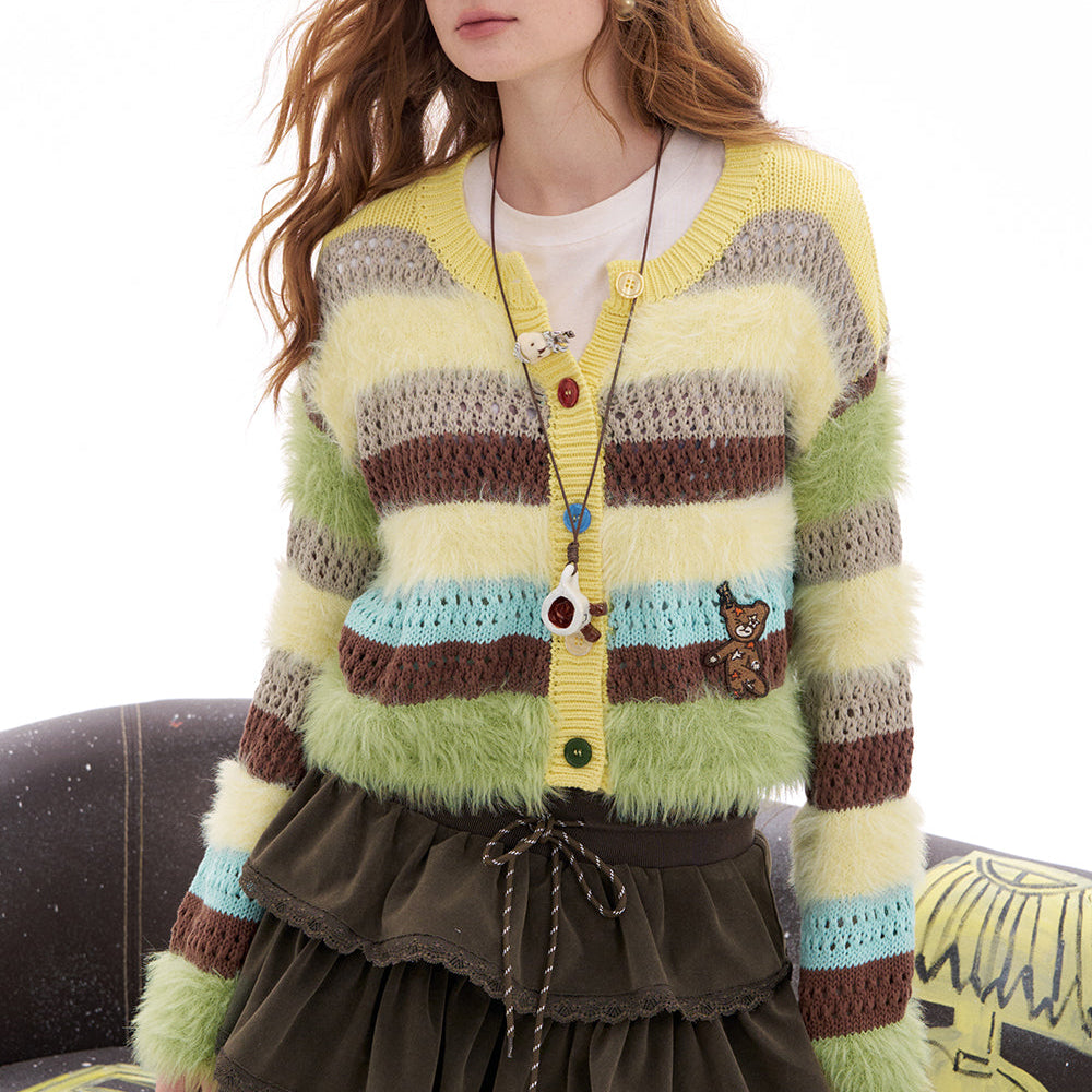 ELFSACK 2025 Spring New Arrivals Striped contrasting colors plush cardigan sweater women Y2k short coat