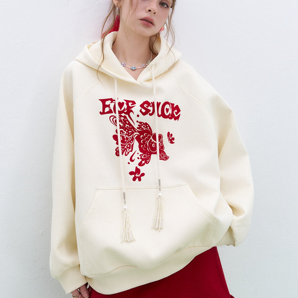 ELFSACK 2025 Spring New Arrivals Neo-Chinese style Koi Hoodies Women New Year Lucky Loose Casual Tops