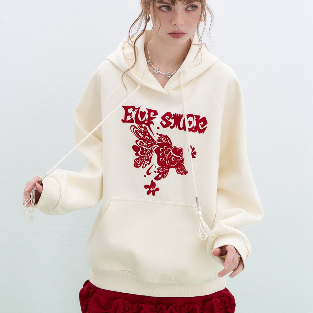 ELFSACK 2025 Spring New Arrivals Neo-Chinese style Koi Hoodies Women New Year Lucky Loose Casual Tops