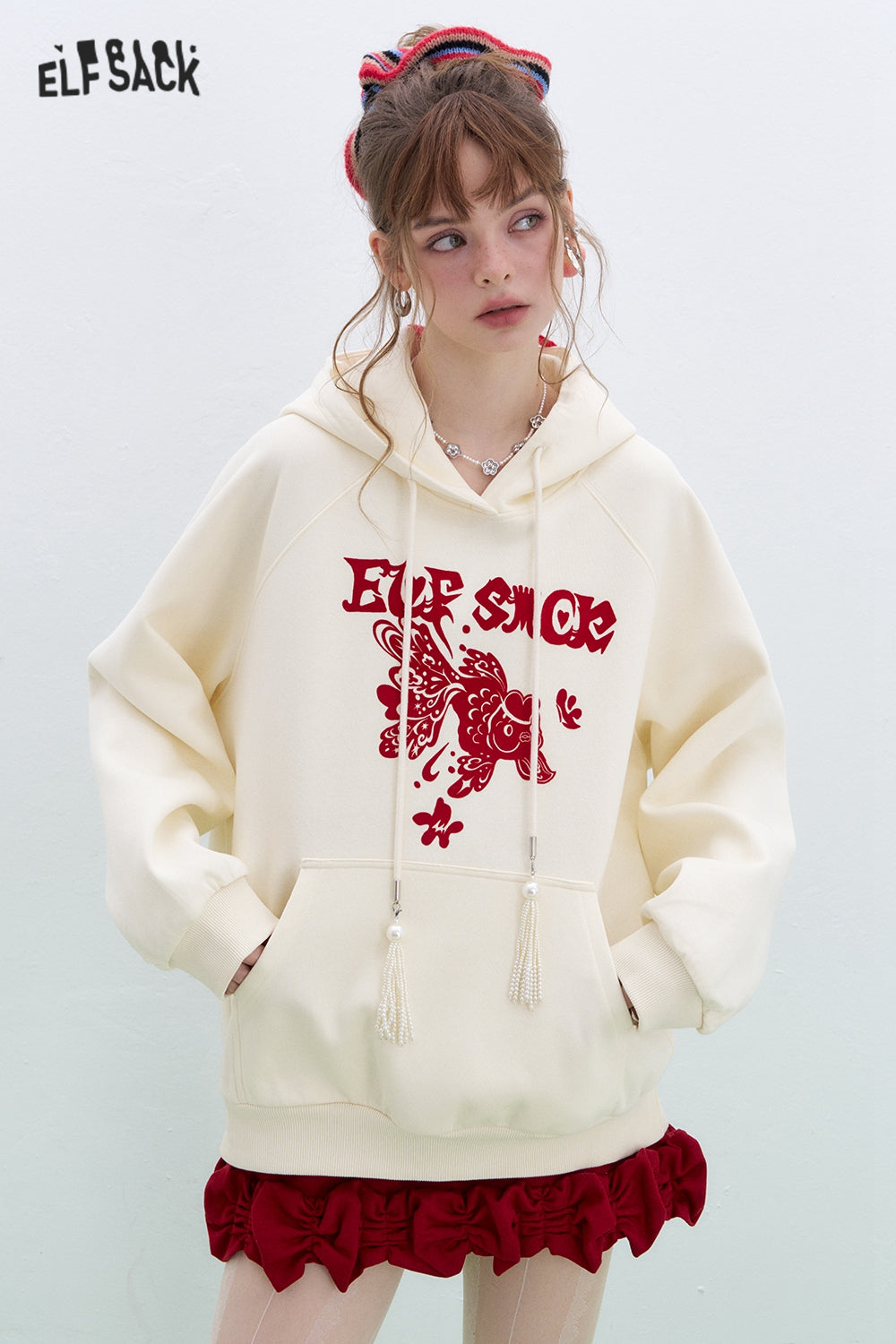 ELFSACK Neo-Chinese style Koi Hoodies Women Year Lucky Loose Casual Tops