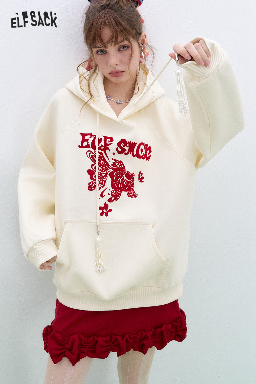 ELFSACK Neo-Chinese style Koi Hoodies Women Year Lucky Loose Casual Tops