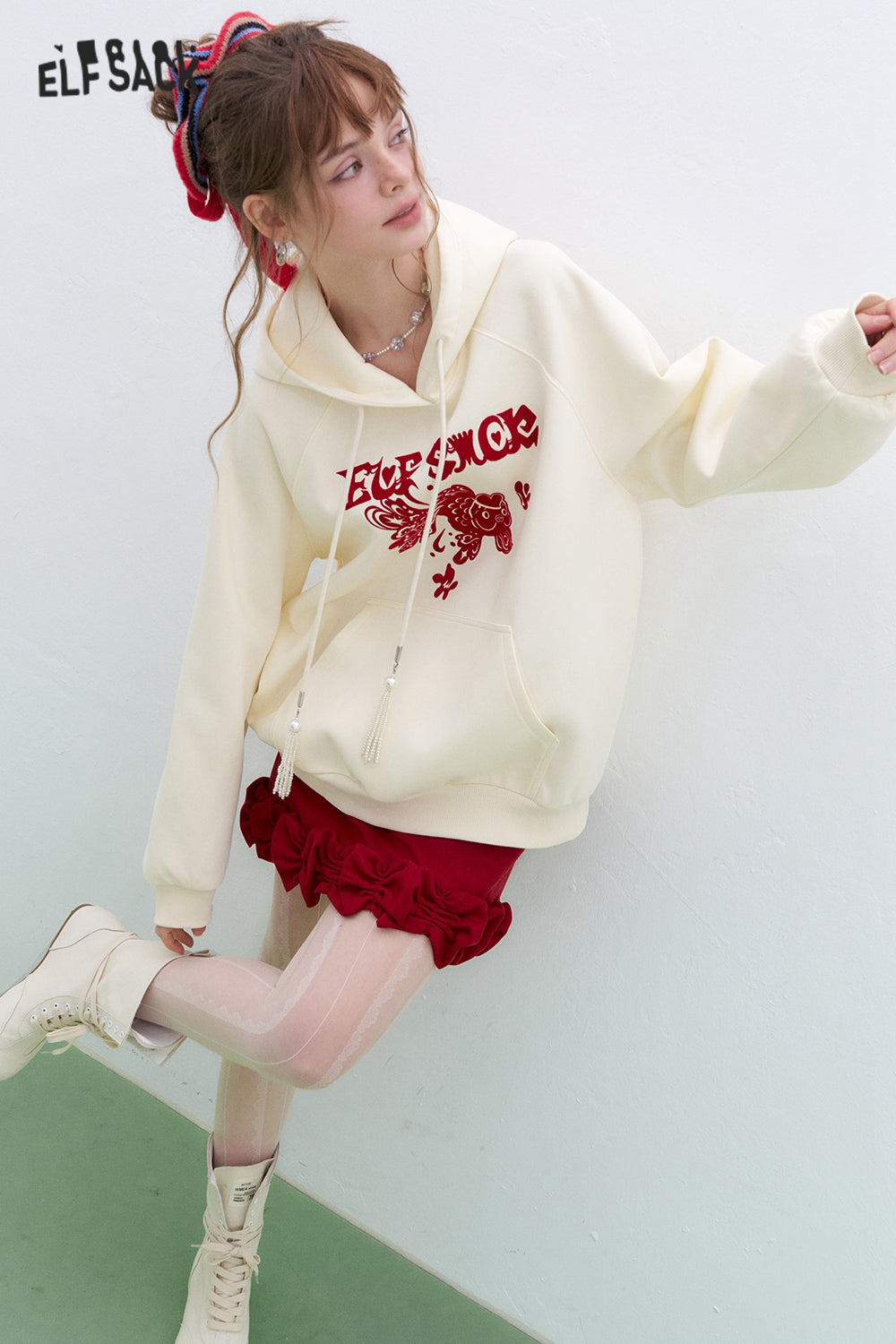 ELFSACK Neo-Chinese style Koi Hoodies Women Year Lucky Loose Casual Tops