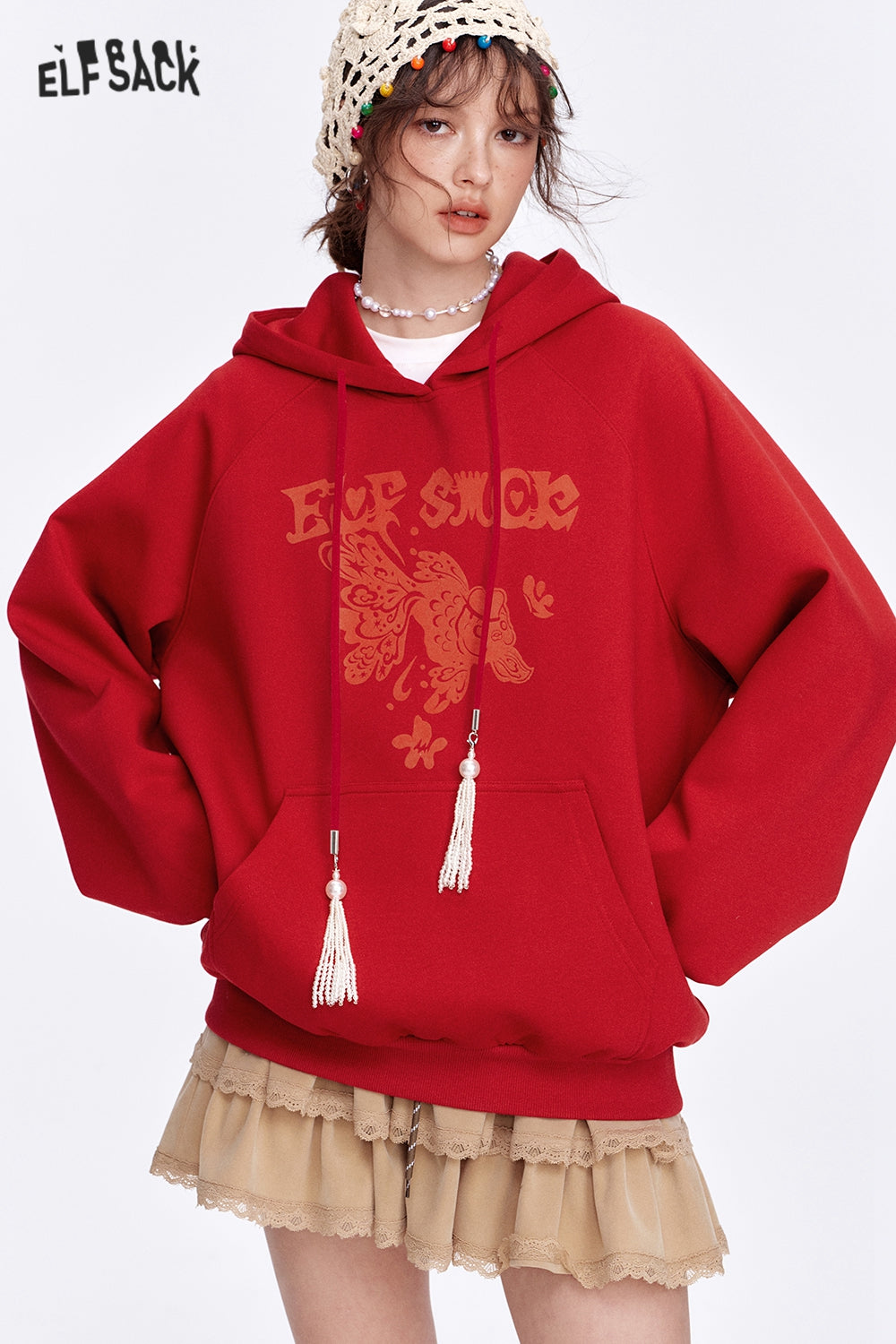 ELFSACK Neo-Chinese style Koi Hoodies Women Year Lucky Loose Casual Tops