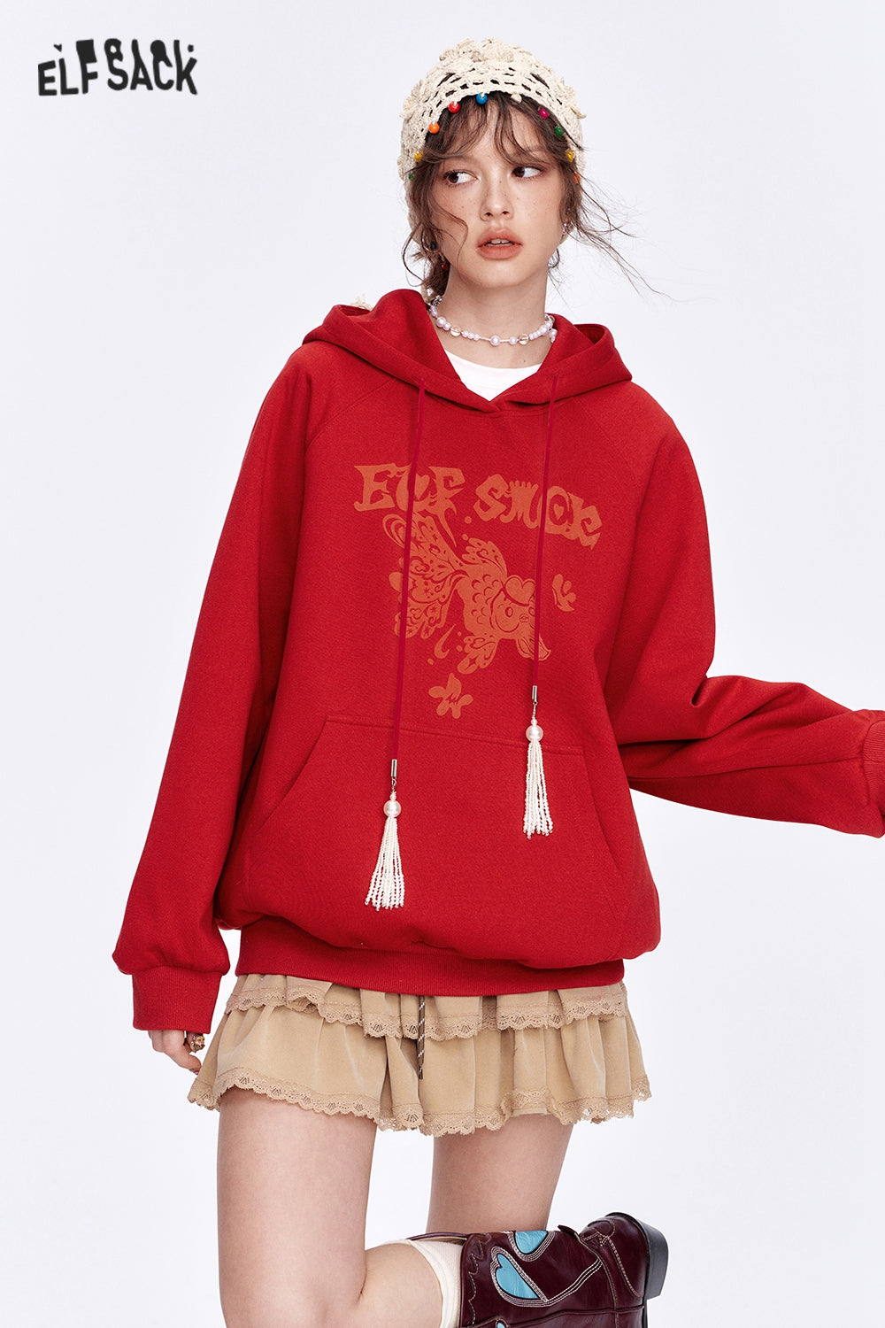 ELFSACK Neo-Chinese style Koi Hoodies Women Year Lucky Loose Casual Tops