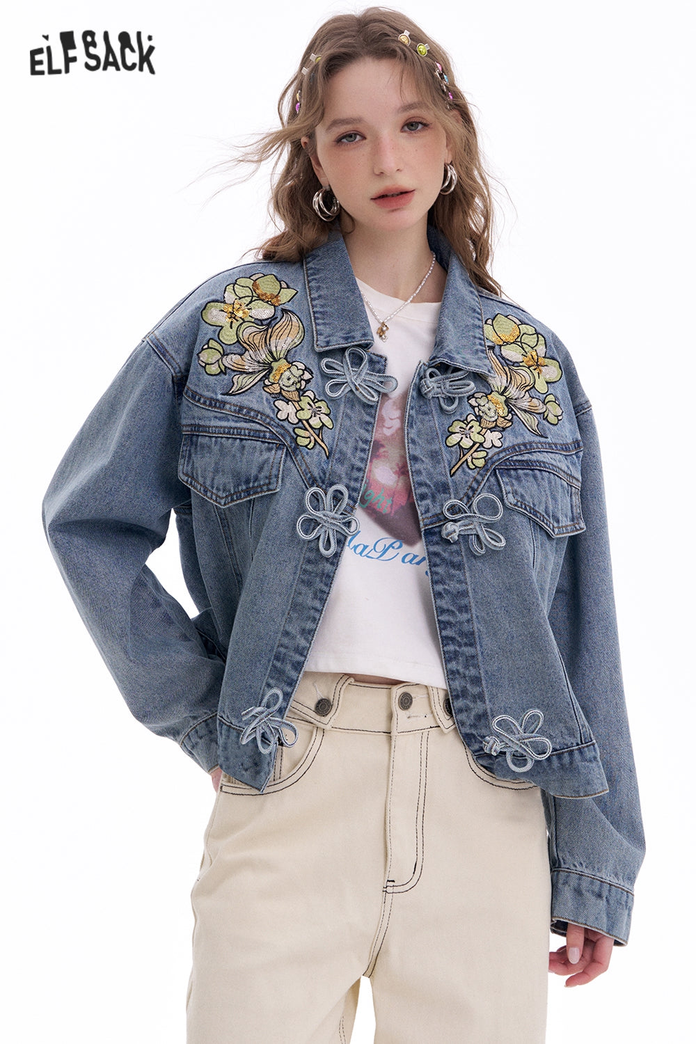 ELFSACK Neo-Chinese style sequin embroidery flower button denim jacket Women