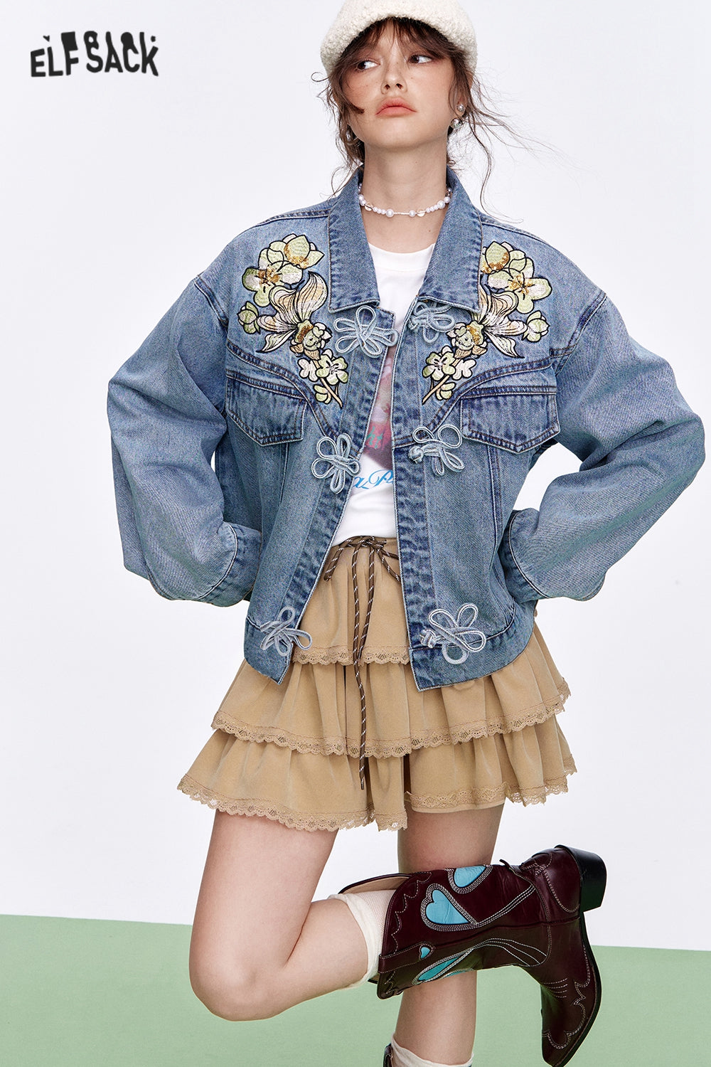 ELFSACK Neo-Chinese style sequin embroidery flower button denim jacket Women