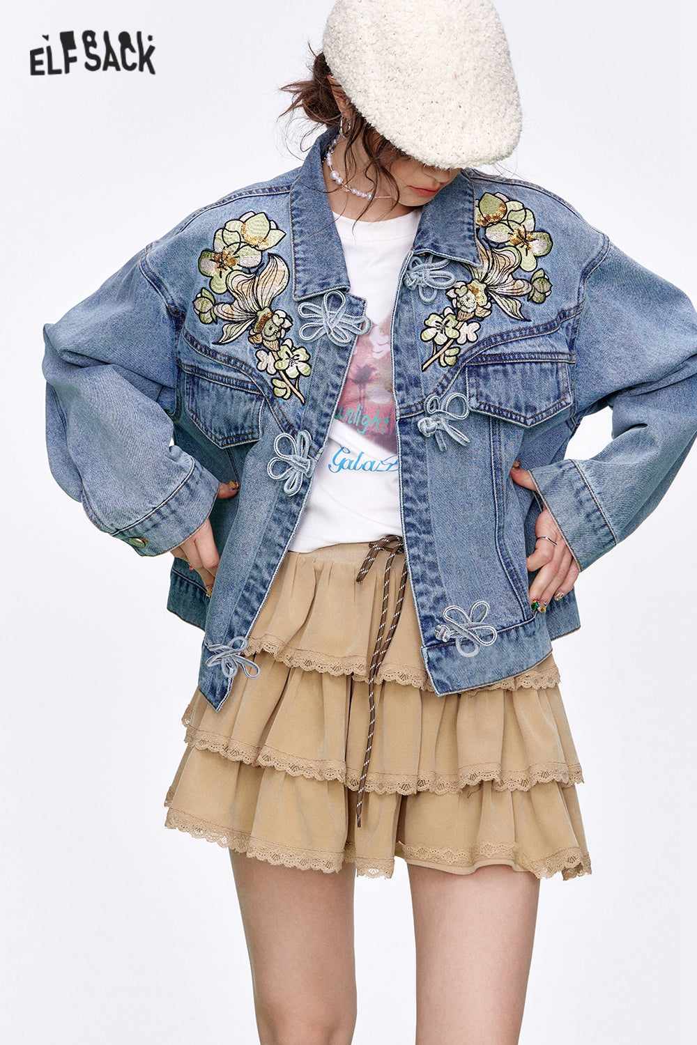 ELFSACK Neo-Chinese style sequin embroidery flower button denim jacket Women