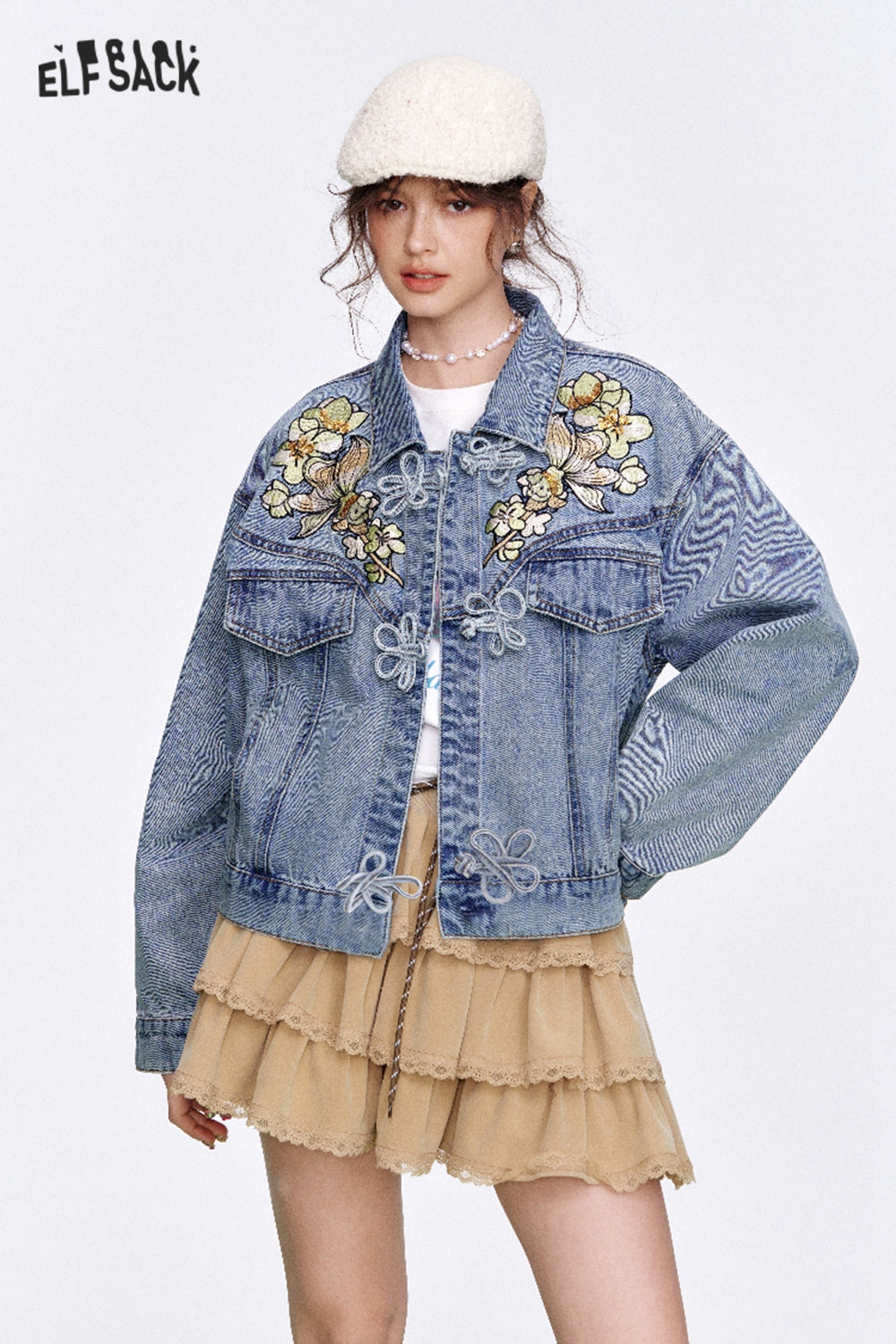 ELFSACK Neo-Chinese style sequin embroidery flower button denim jacket Women