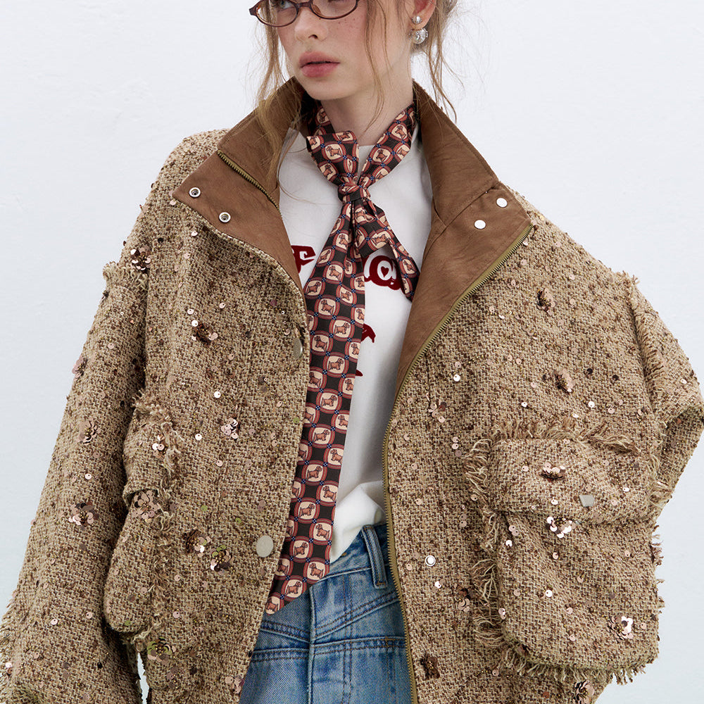 ELFSACK 2025 Spring New Arrivals Sweet cool tweed sequin loose short jacket flight jacket Women's moto biker zipper jacket