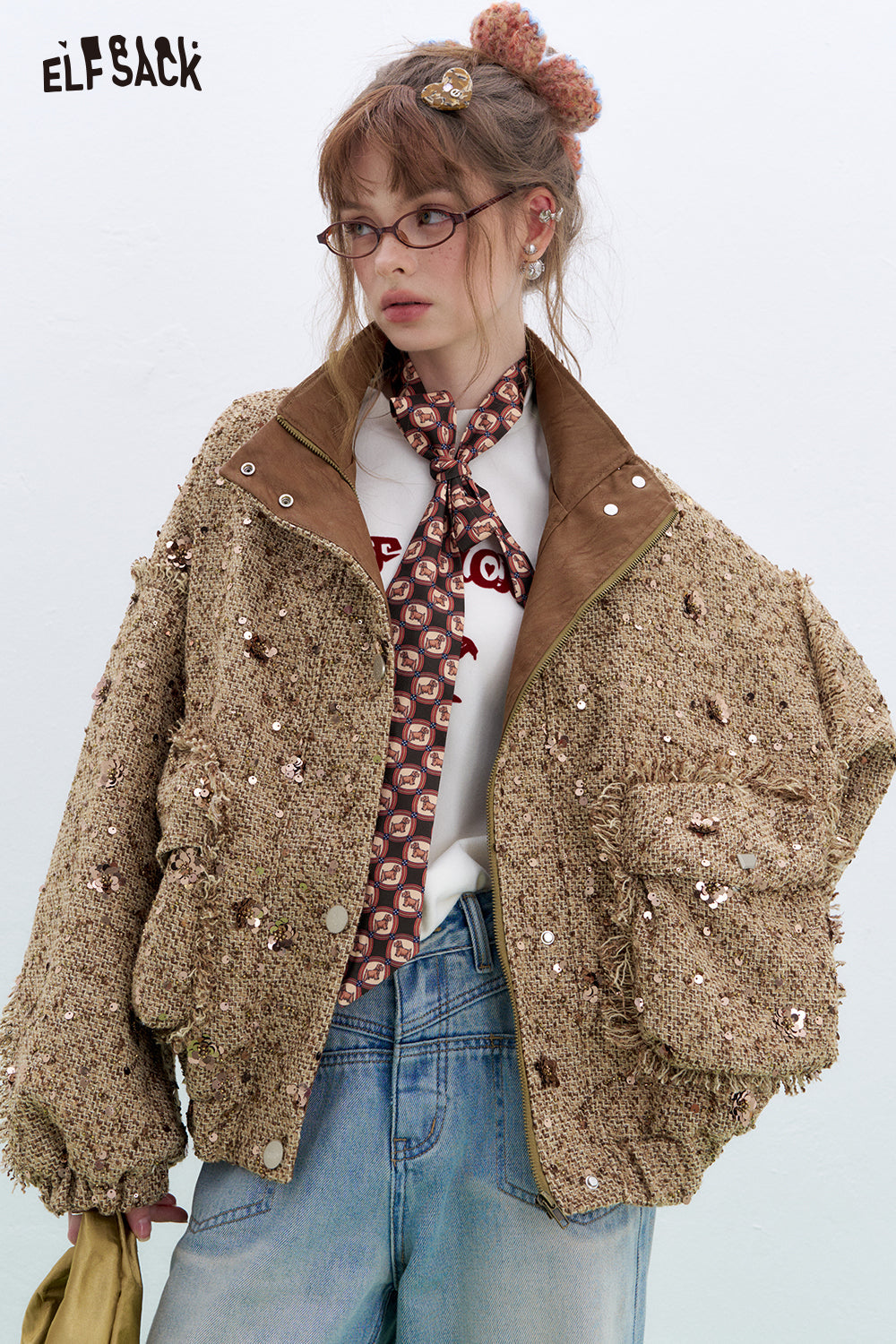 ELFSACK 2025 Spring New Arrivals Sweet cool tweed sequin loose short jacket flight jacket Women's moto biker zipper jacket