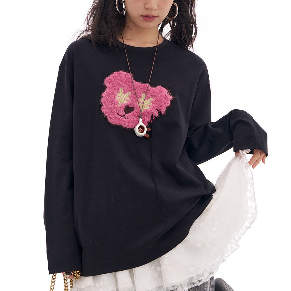 ELFSACK 2025 Spring New Arrivals Y2K Cute Bear Long Sleeve O-Neck T-Shirt Women Loose Casual Tops