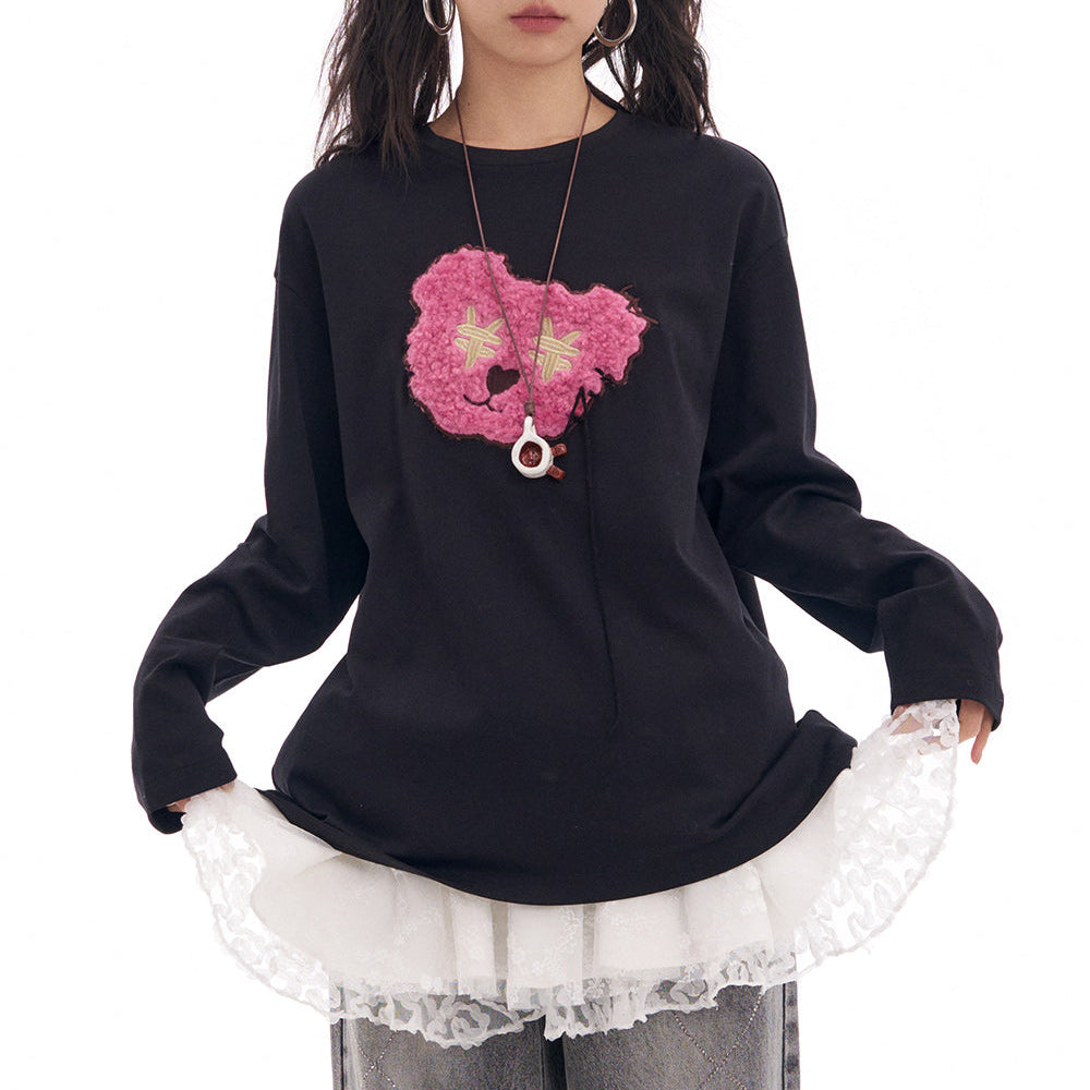 ELFSACK 2025 Spring New Arrivals Y2K Cute Bear Long Sleeve O-Neck T-Shirt Women Loose Casual Tops