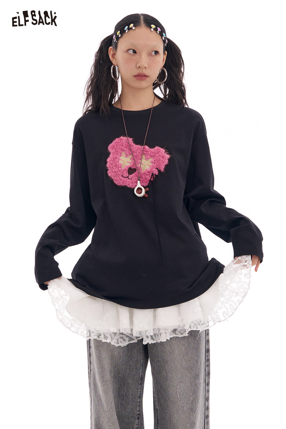 ELFSACK 2025 Spring New Arrivals Y2K Cute Bear Long Sleeve O-Neck T-Shirt Women Loose Casual Tops