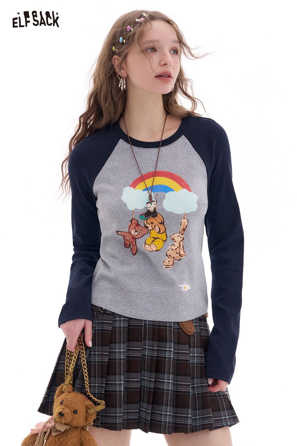 ELFSACK Preppy Style Contrast Printed Raglan Long Sleeve T-shirt Women's Y2K Cropped Top