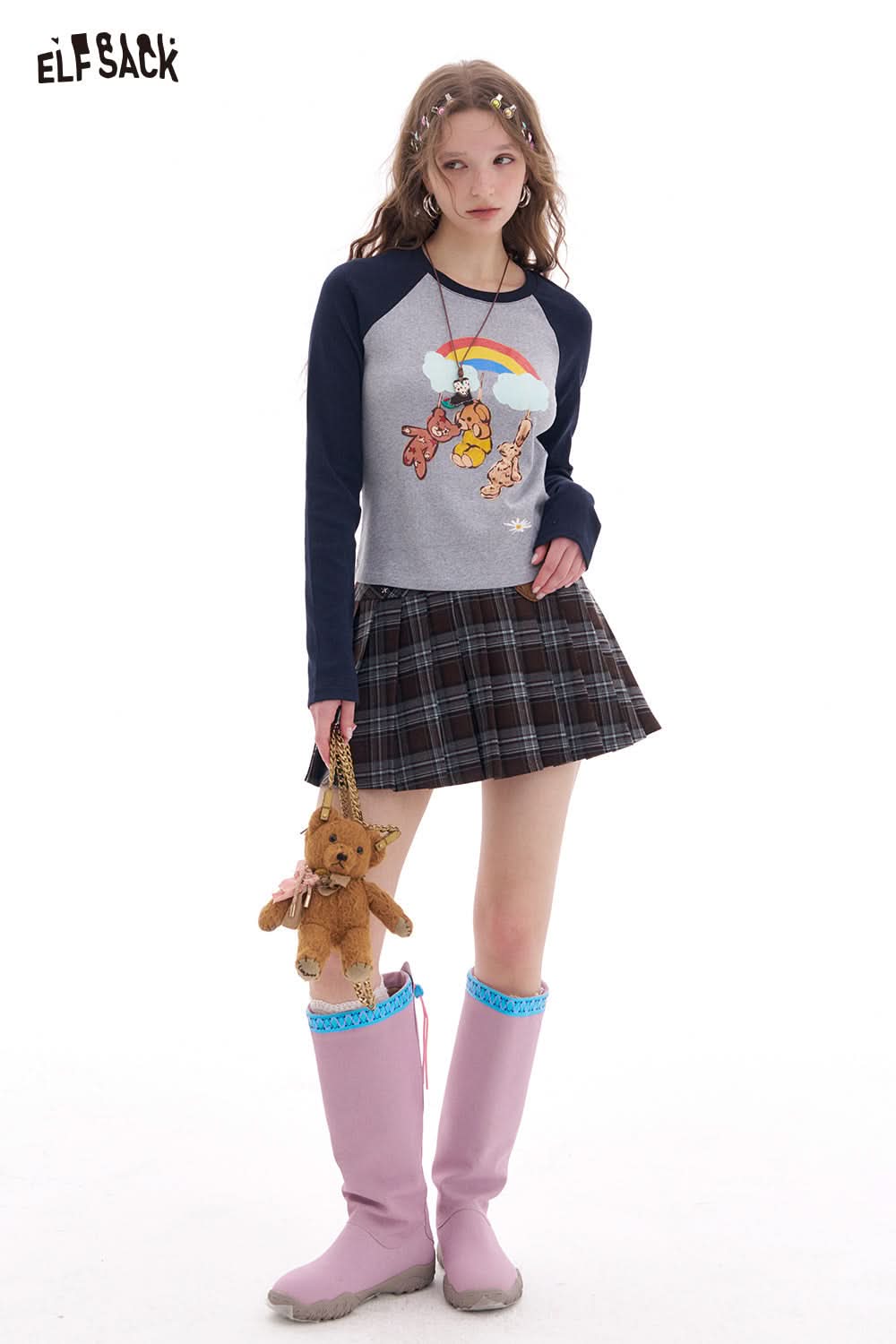 ELFSACK Preppy Style Contrast Printed Raglan Long Sleeve T-shirt Women's Y2K Cropped Top