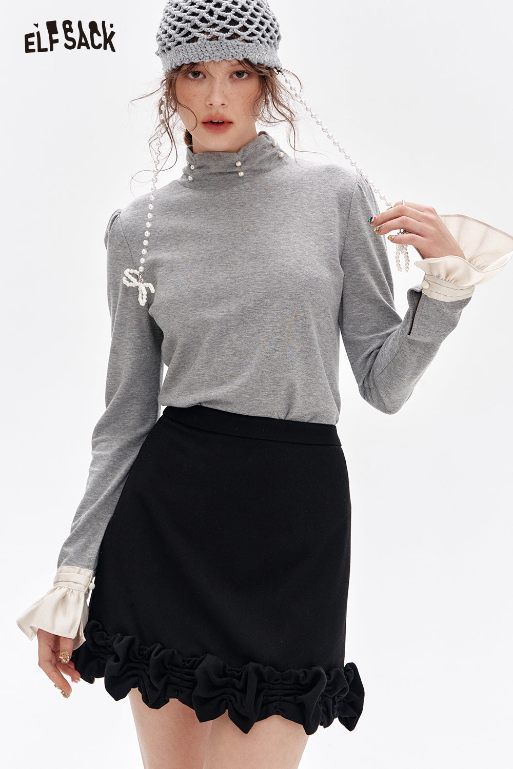 ELFSACK French beading pearl long-sleeved base T-shirt Lace patchwork tops