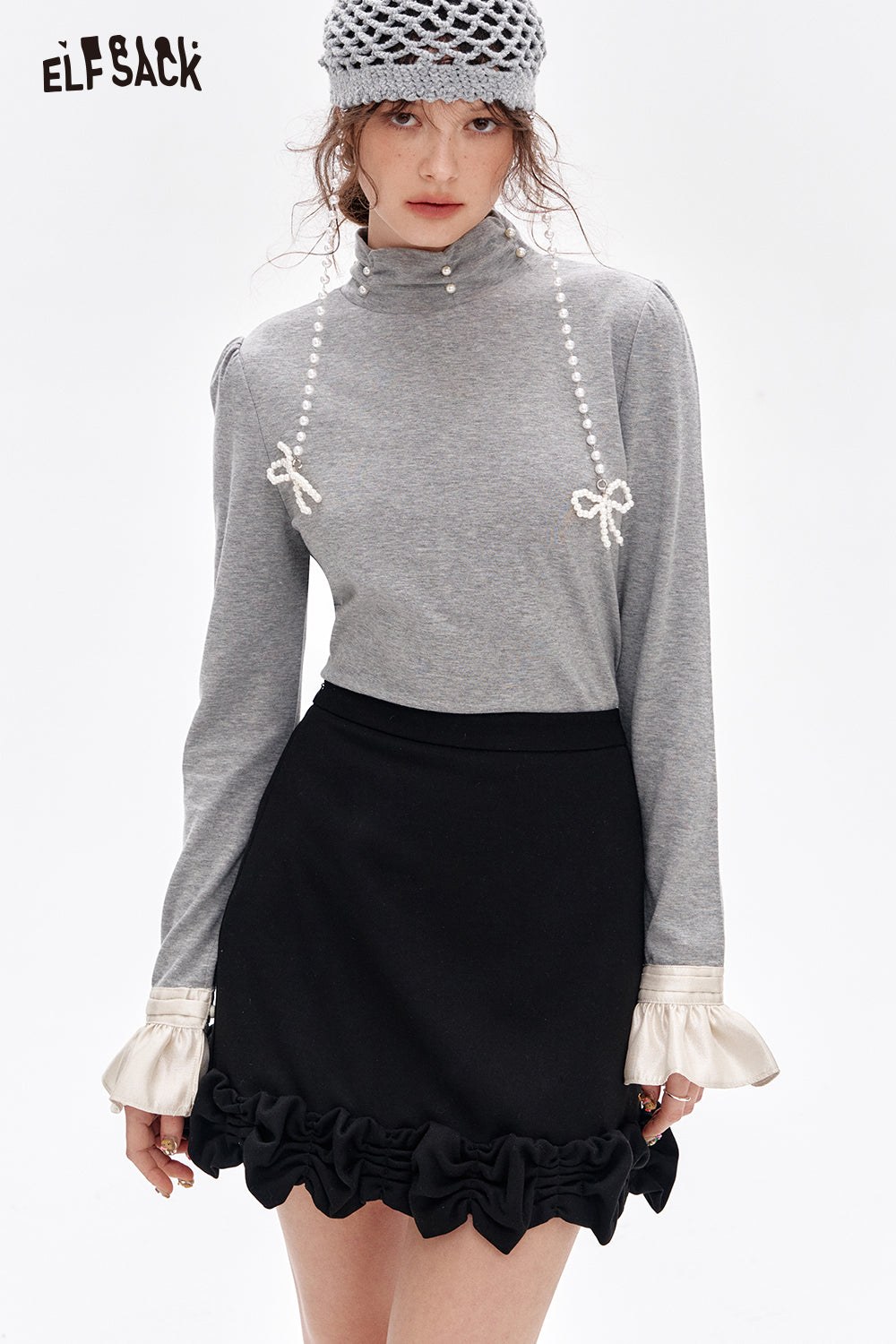 ELFSACK French beading pearl long-sleeved base T-shirt Lace patchwork tops