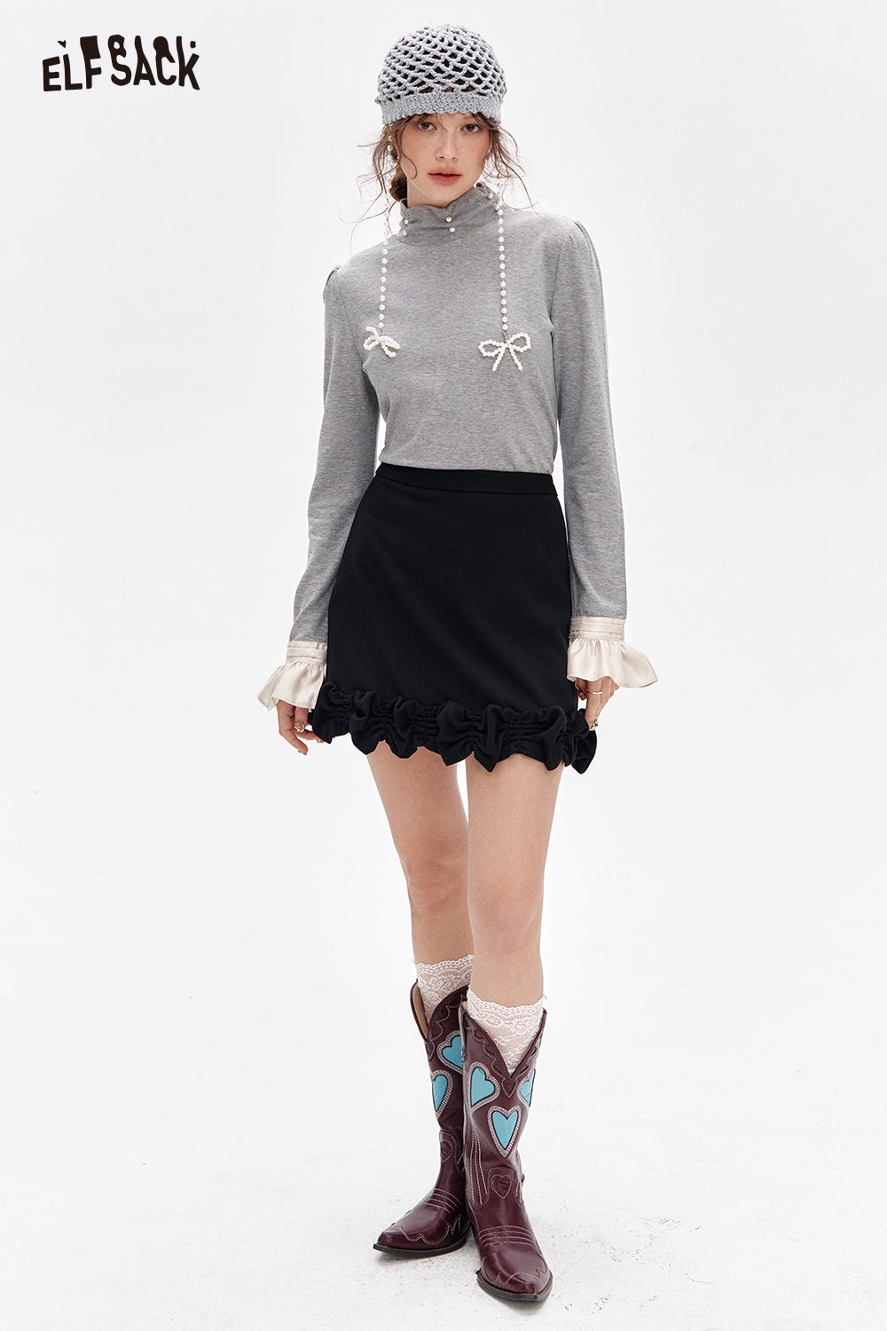 ELFSACK French beading pearl long-sleeved base T-shirt Lace patchwork tops