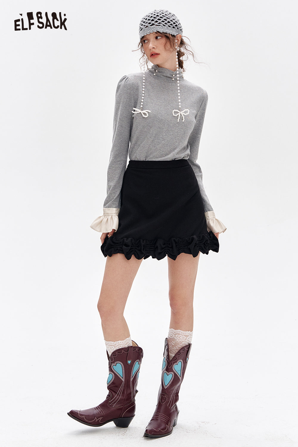 ELFSACK French beading pearl long-sleeved base T-shirt Lace patchwork tops