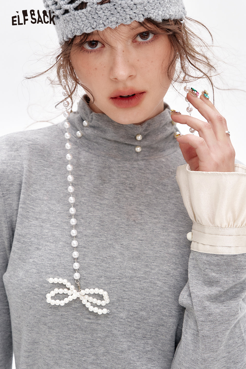 ELFSACK French beading pearl long-sleeved base T-shirt Lace patchwork tops