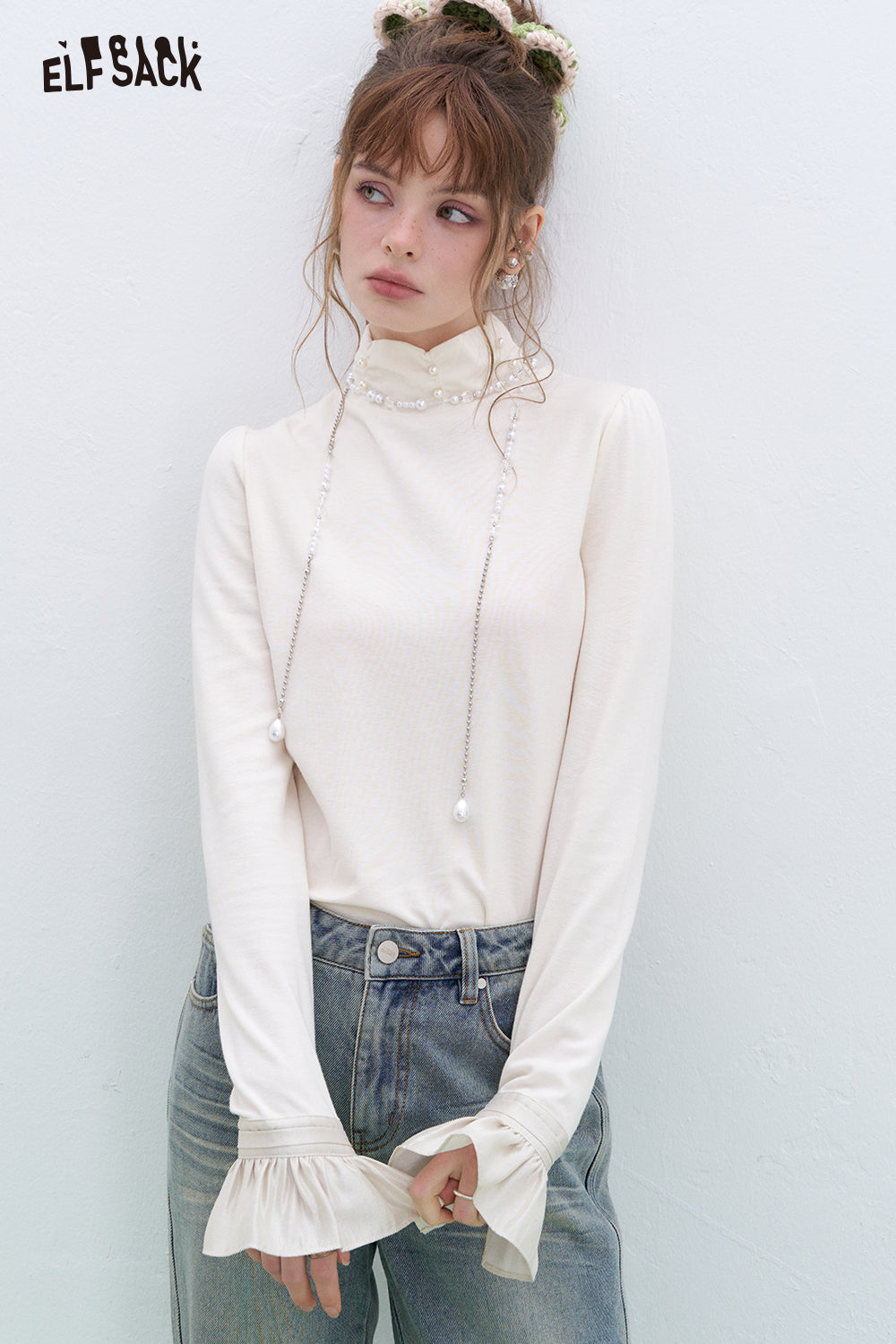 ELFSACK French beading pearl long-sleeved base T-shirt Lace patchwork tops