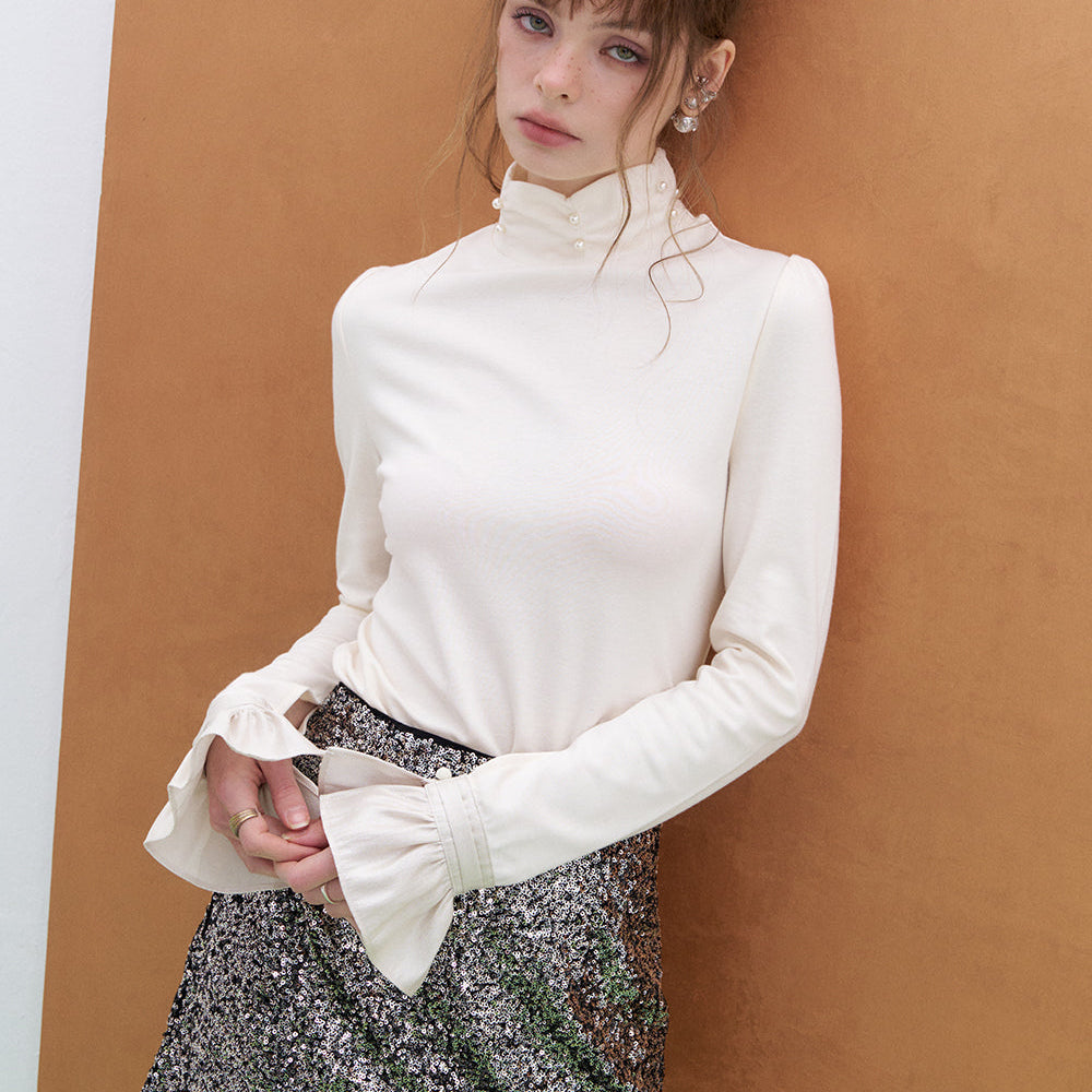 
                  
                    ELFSACK 2025 Spring New Arrivals French beading pearl long-sleeved base T-shirt Lace patchwork tops for women
                  
                