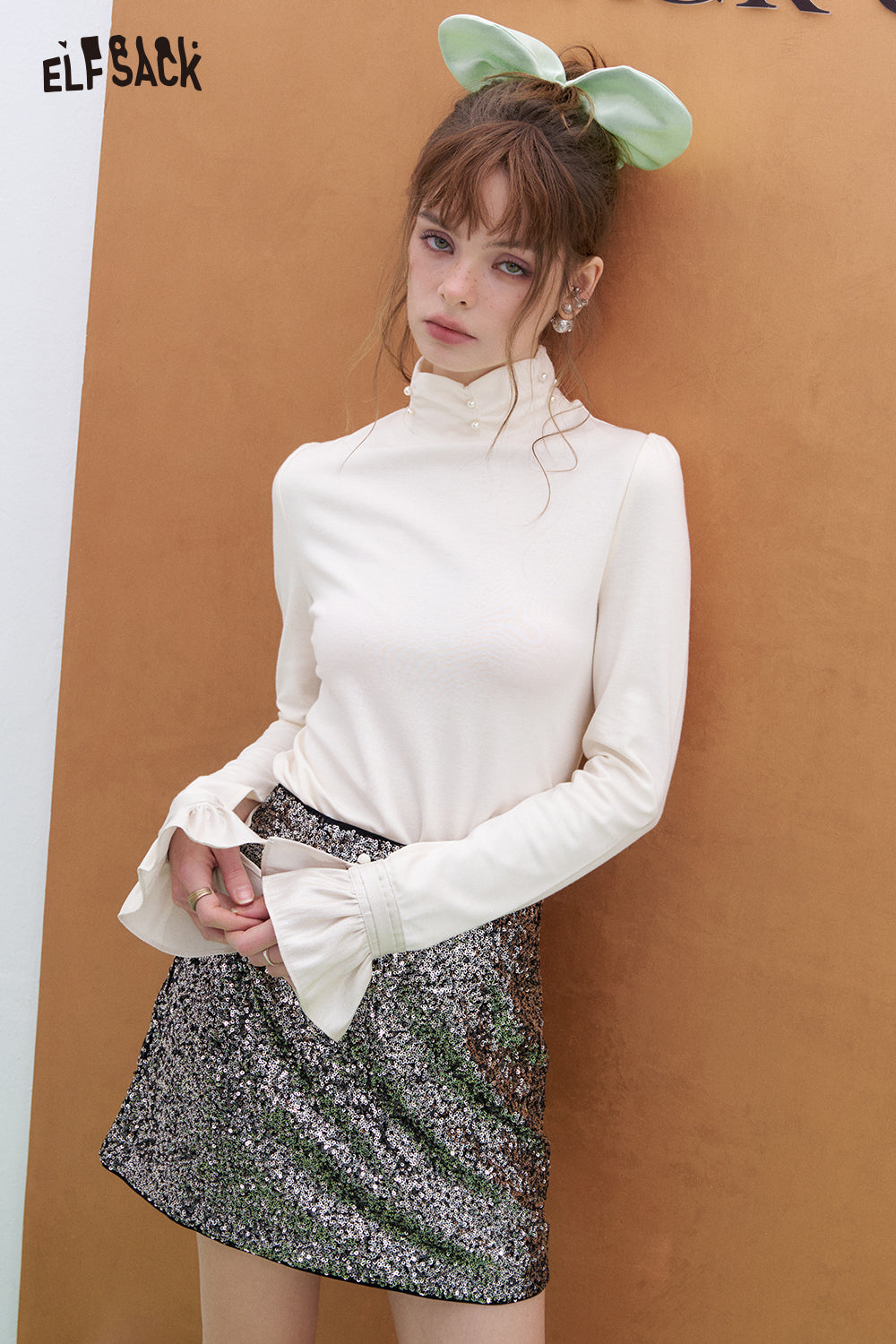 ELFSACK French beading pearl long-sleeved base T-shirt Lace patchwork tops