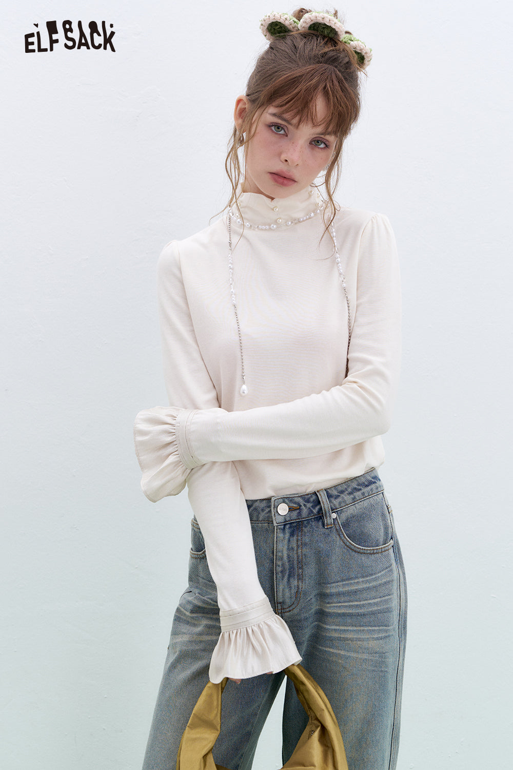 ELFSACK French beading pearl long-sleeved base T-shirt Lace patchwork tops