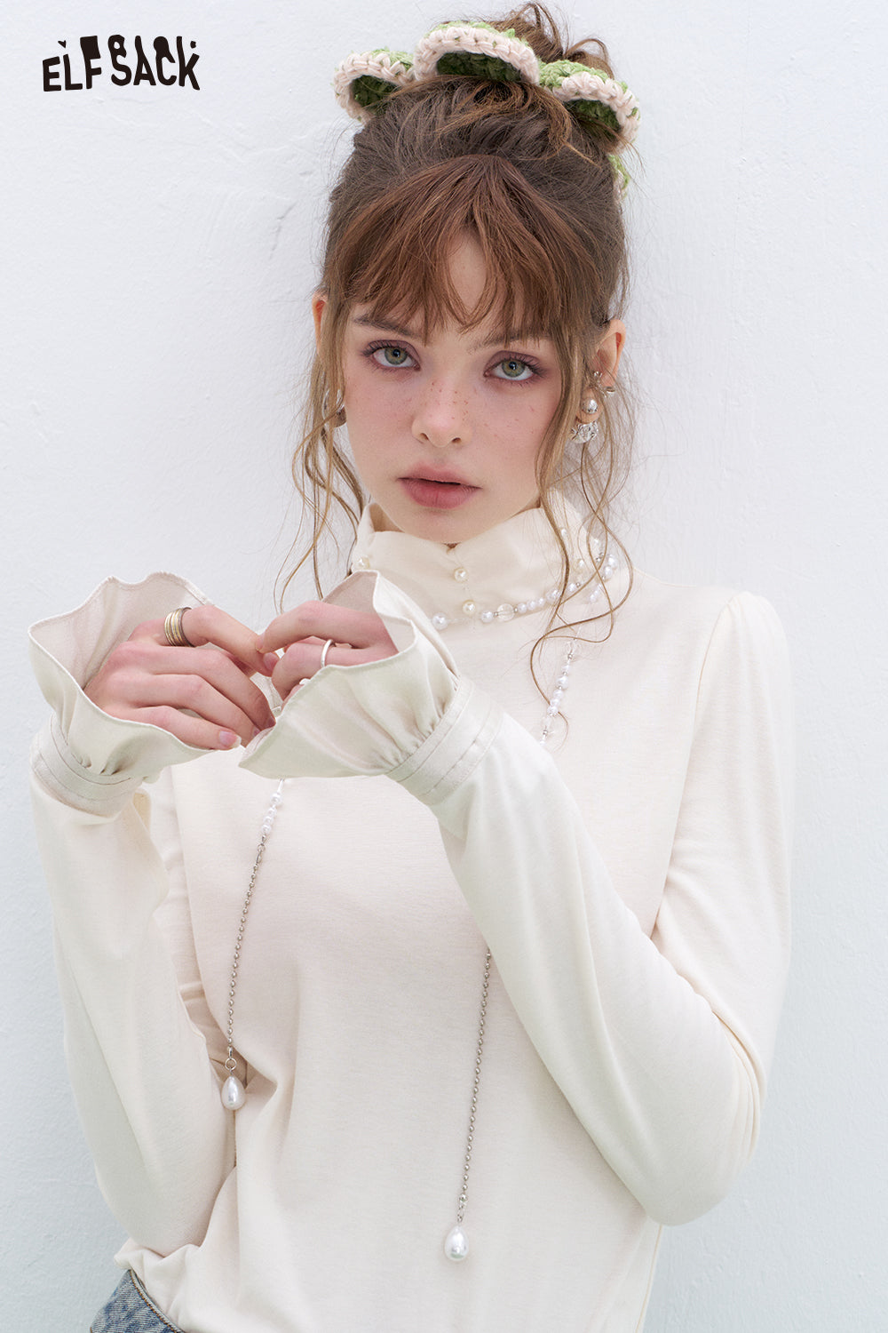 ELFSACK French beading pearl long-sleeved base T-shirt Lace patchwork tops