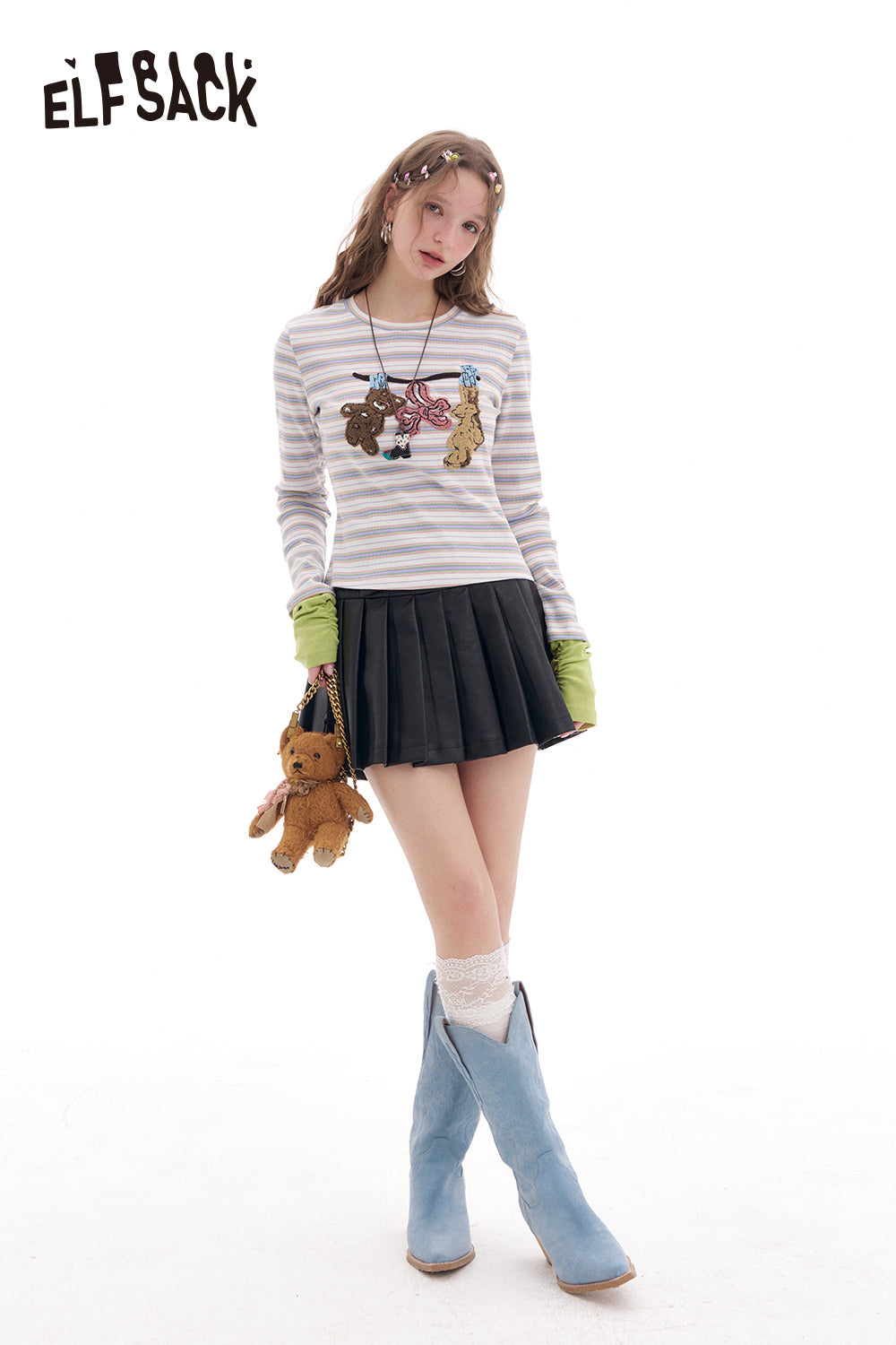 ELFSACK Sweet and cool Y2K bear patch contrast color stripes long sleeve T-shirt