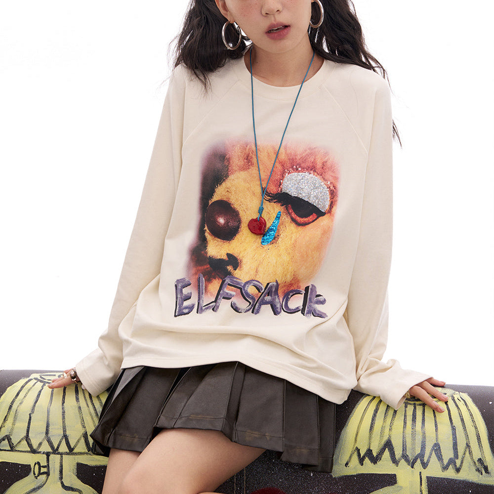 ELFSACK 2025 Spring New Arrivals Bear Print Long Sleeve T-Shirt Women Loose Casual Y2K O-Neck Top