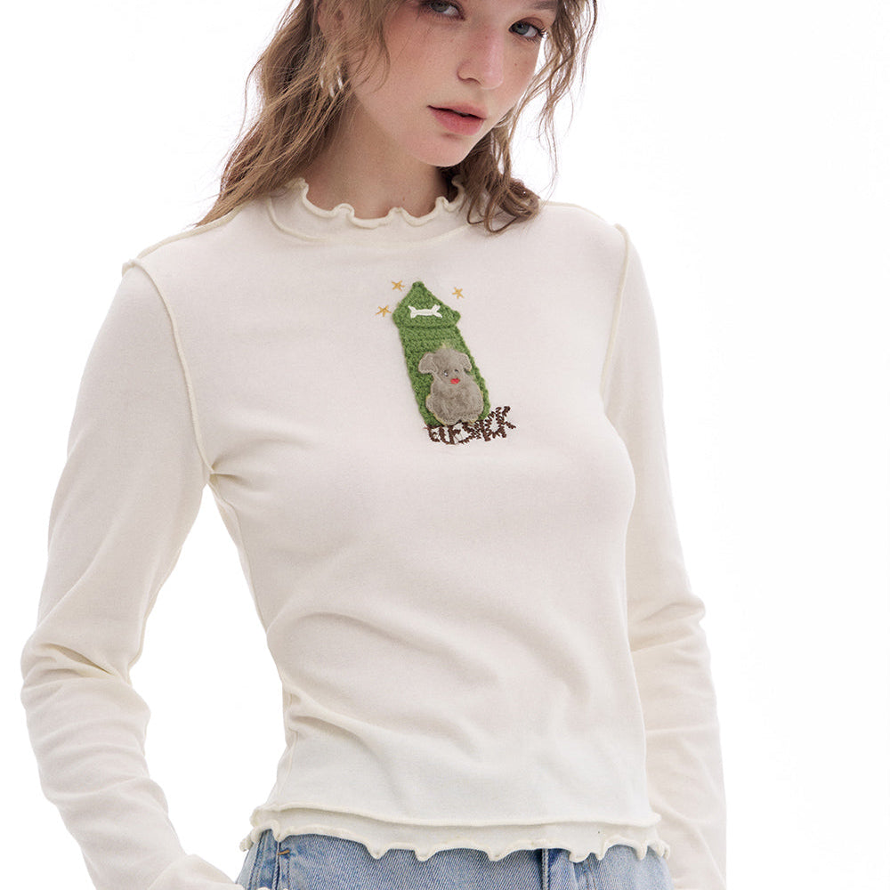 ELFSACK 2025 Spring New Arrivals Ear Edge Base Layer Top Thin Long Sleeve T-Shirt White Wood Ear Edge Top