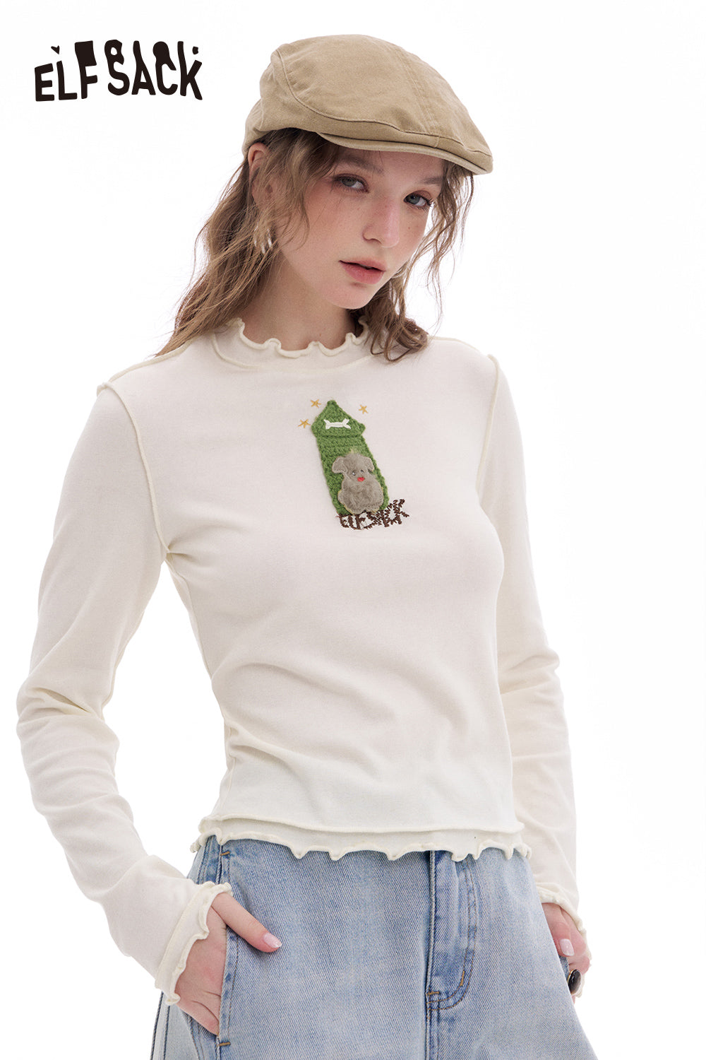 ELFSACK 2025 Spring New Arrivals Ear Edge Base Layer Top Thin Long Sleeve T-Shirt White Wood Ear Edge Top